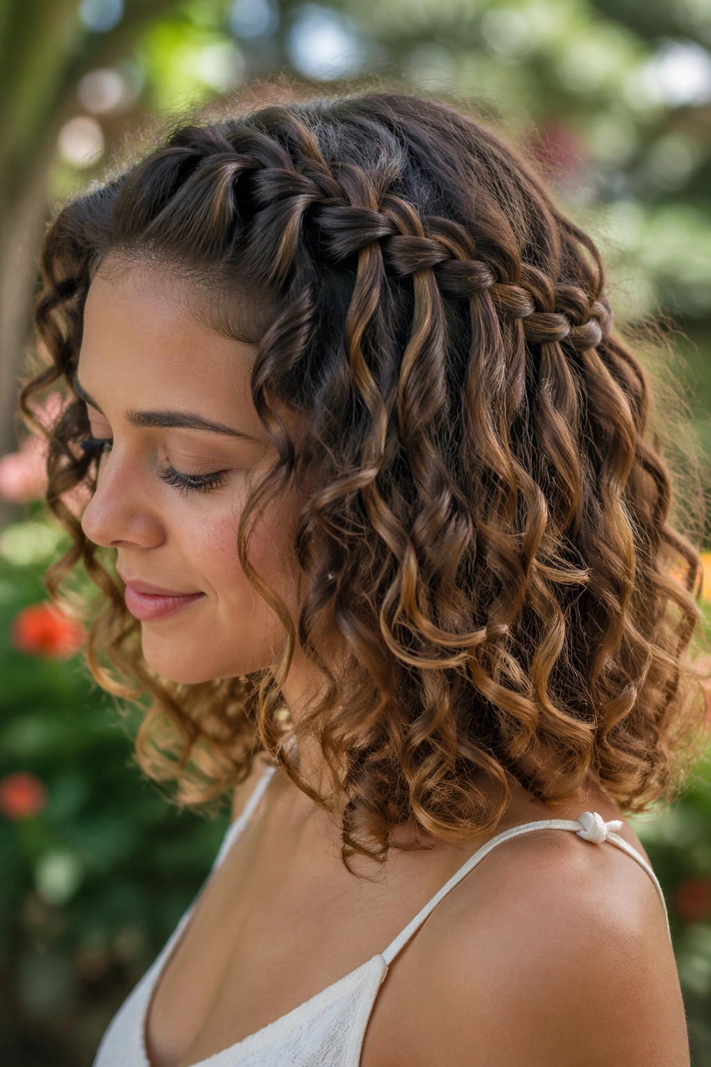 Waterfall braid across shoulder-length curls on a real woman