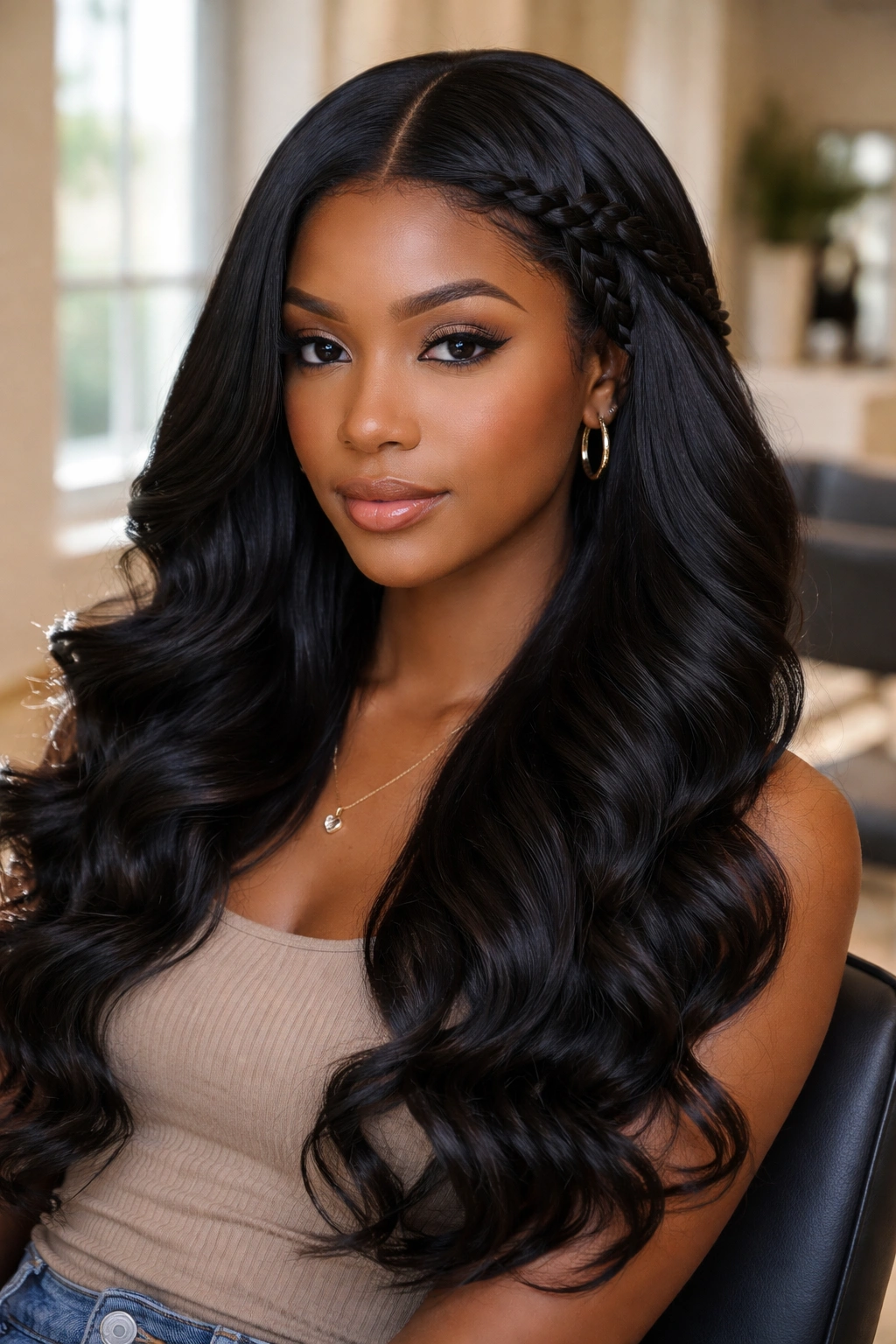 Close-up of a real woman with a waterfall braid and curls along a center-part silk press