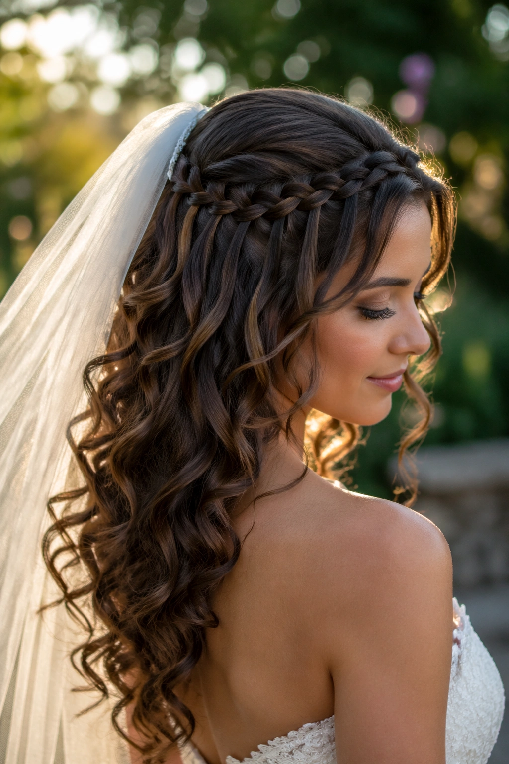 Bride with waterfall braid and cascading curls with chapel or cathedral veil