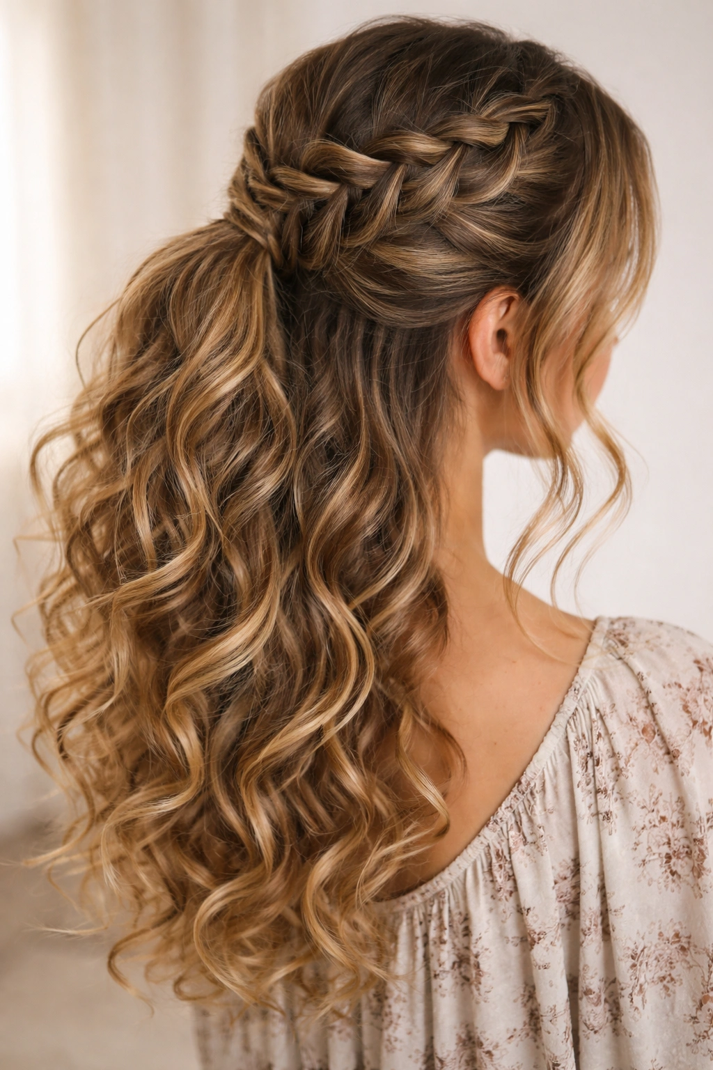 Waterfall braid across crown with loose curly ends blending into a ponytail