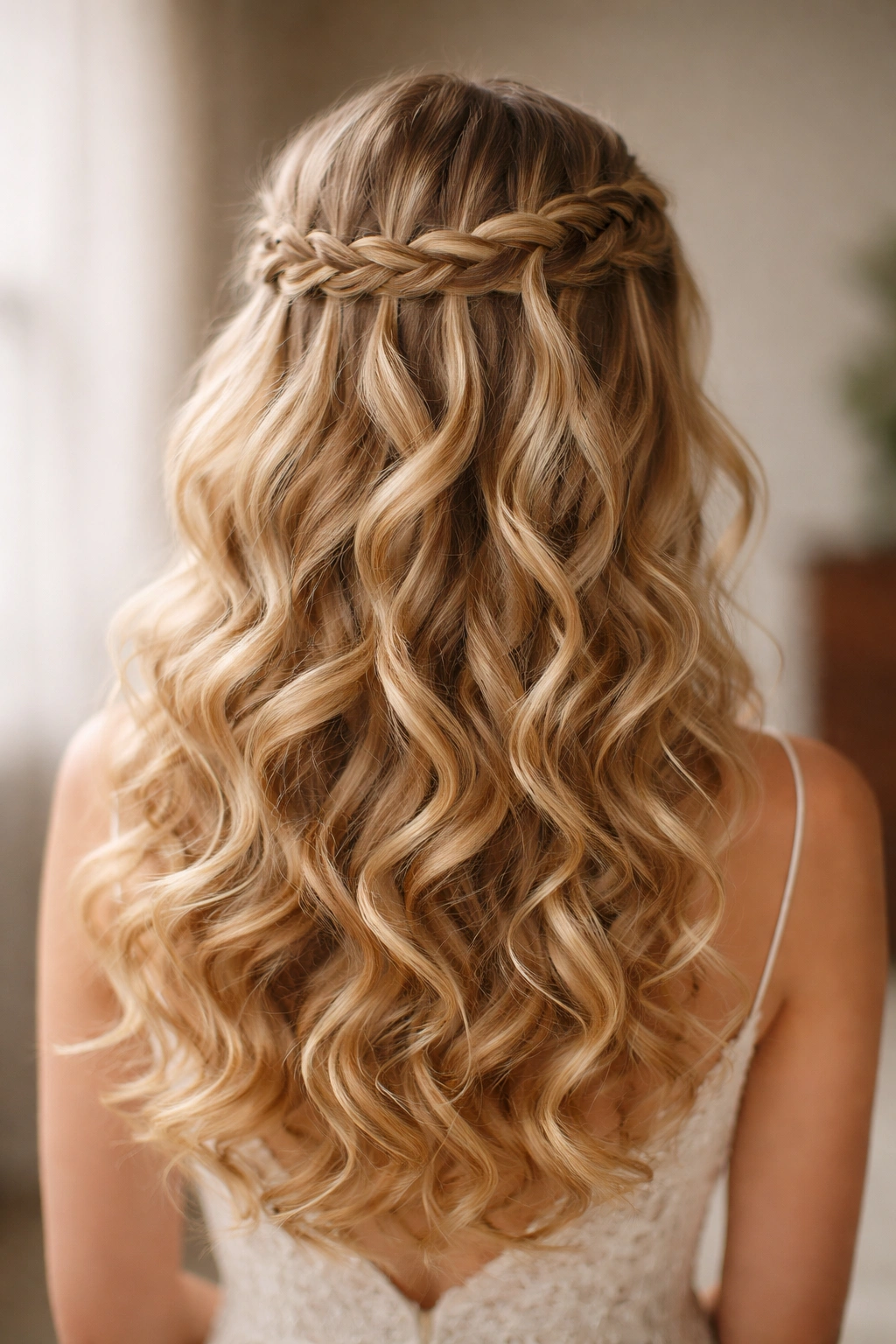 Back view of waterfall braid across crown with cascading curls beneath