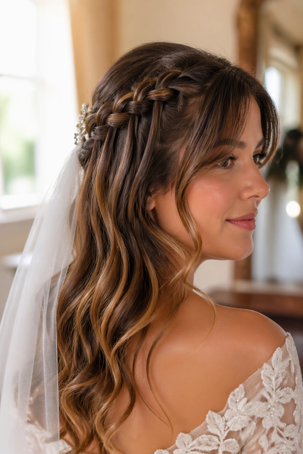 Close-up of a real bride with a waterfall braid and curtain bangs