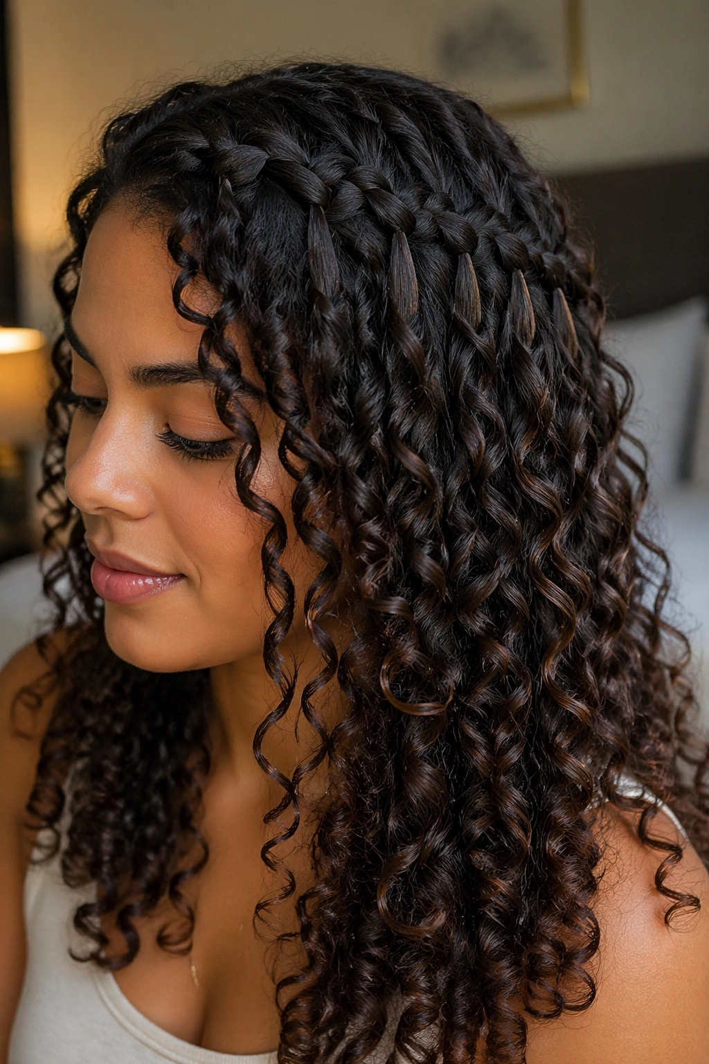 Real woman with waterfall braid on defined curls