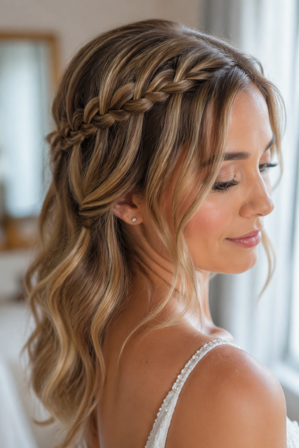 Close-up of waterfall braid with face-framing pieces on a real woman in a bridal suite.