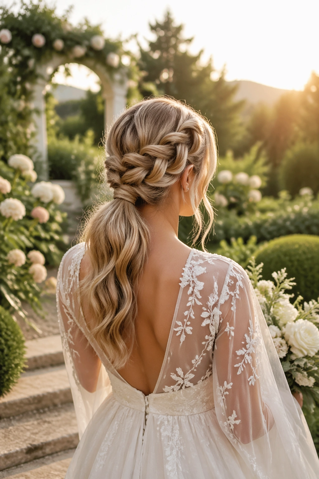 Wide garden shot of waterfall braid ponytail at golden hour