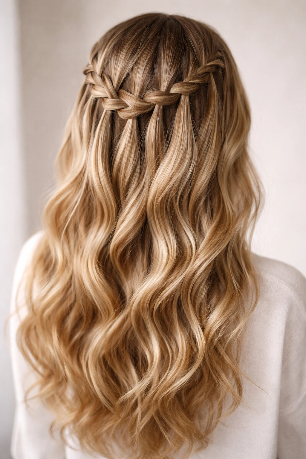 Waterfall braid with cascading loose hair across the crown