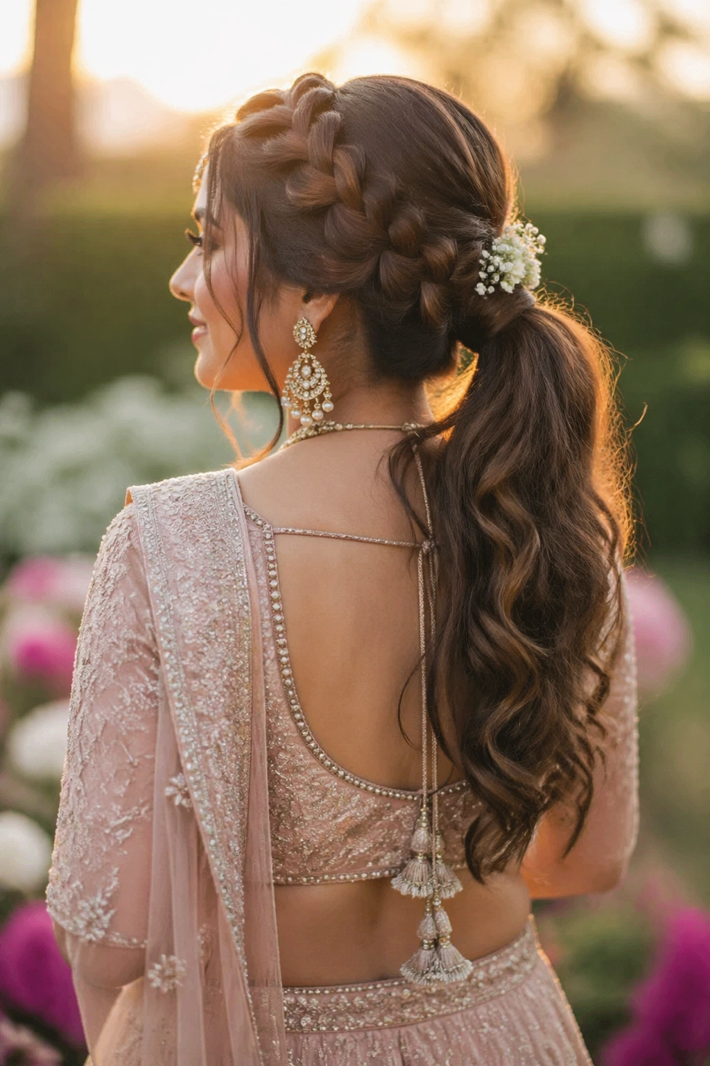 Outdoor golden-hour waterfall braid flowing into ponytail