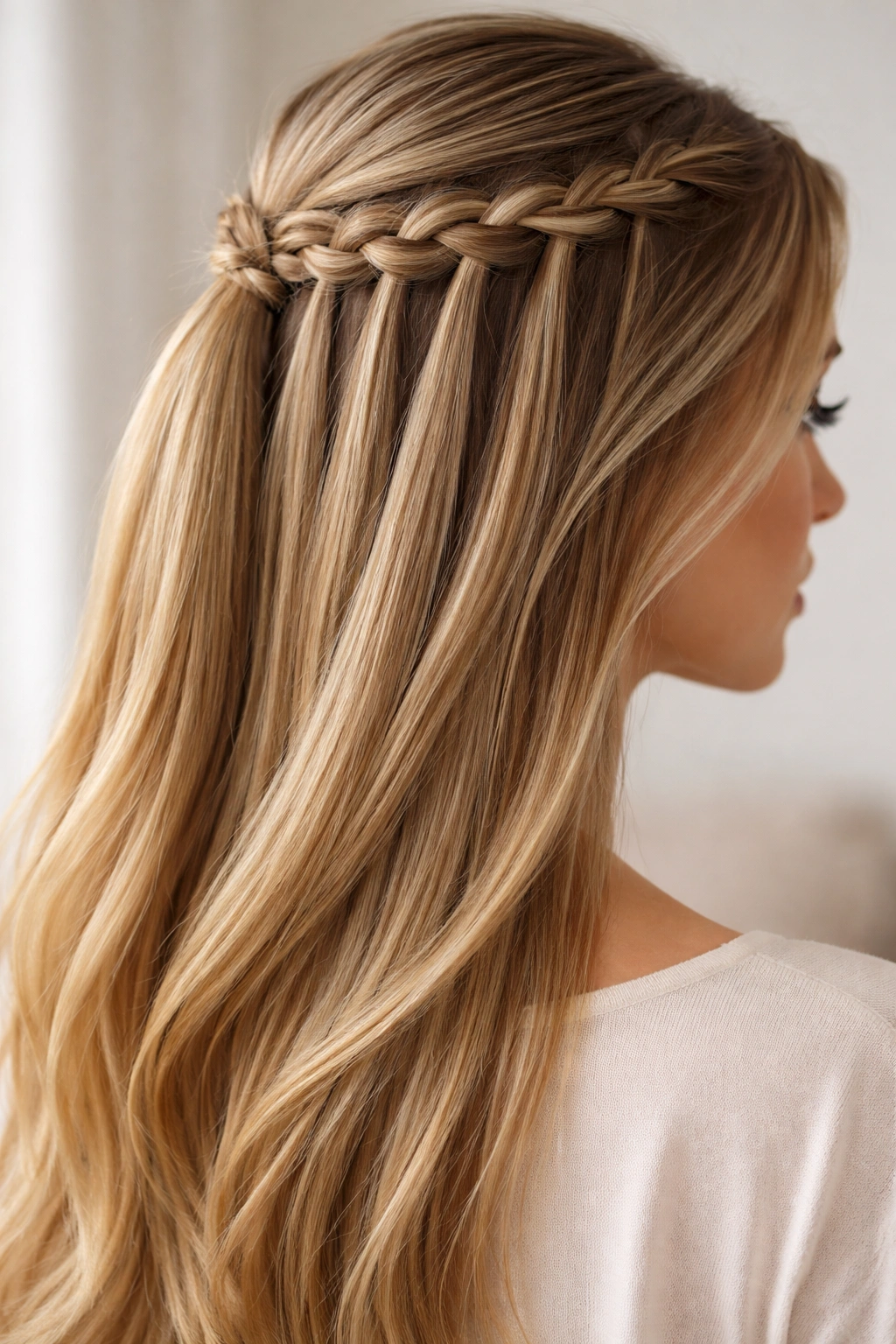 Waterfall braid cascading into the length of straight hair in a half-up style.