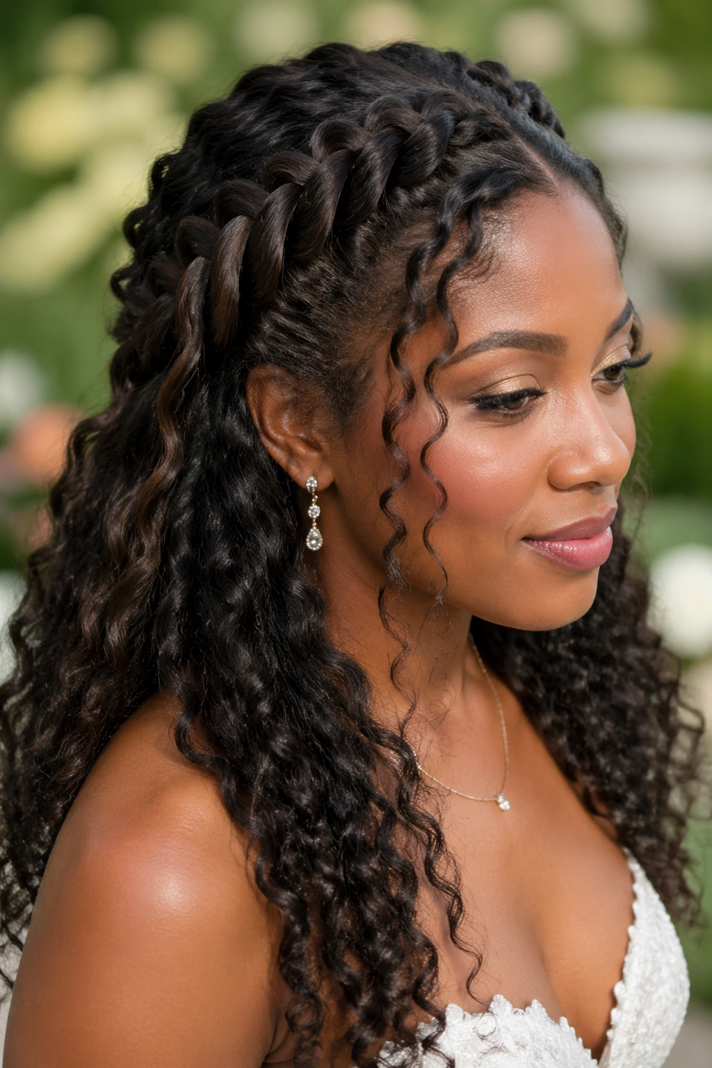 Close-up of a bride with a waterfall braid and cascading curls in a garden setting