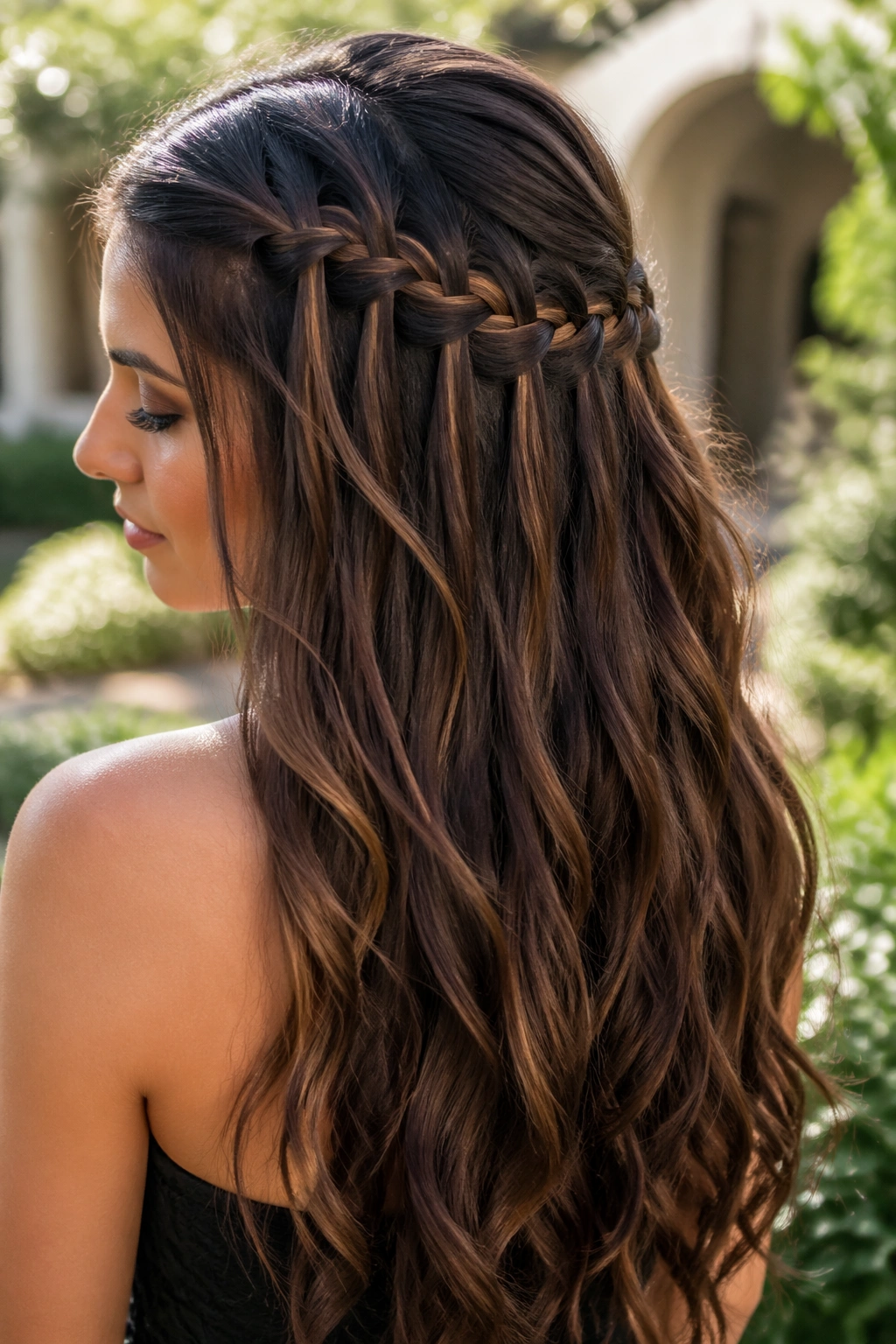 Close-up portrait of a real woman with a waterfall braid half-up