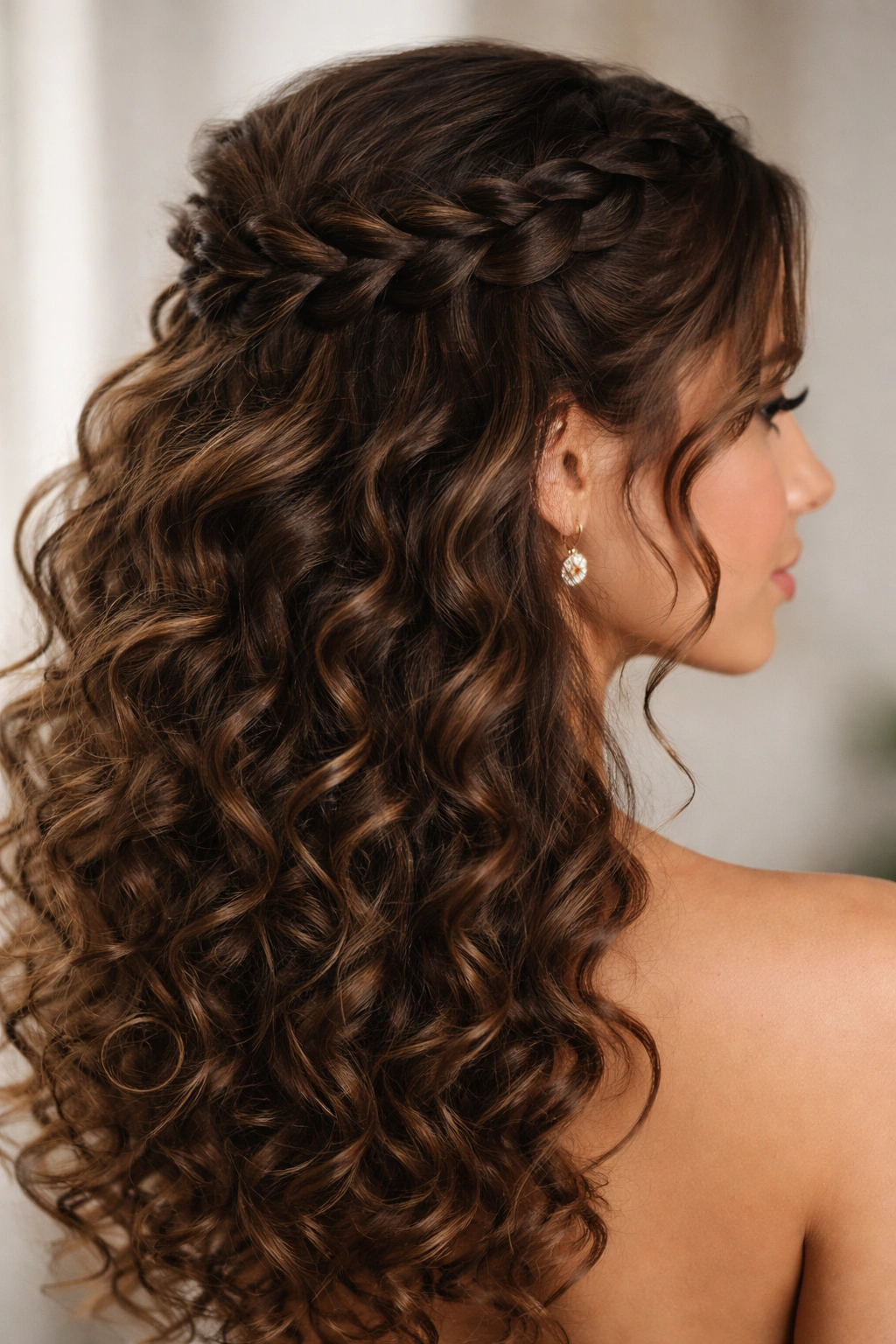 Close-up of waterfall braid half-up on thick curly hair with cascading strands