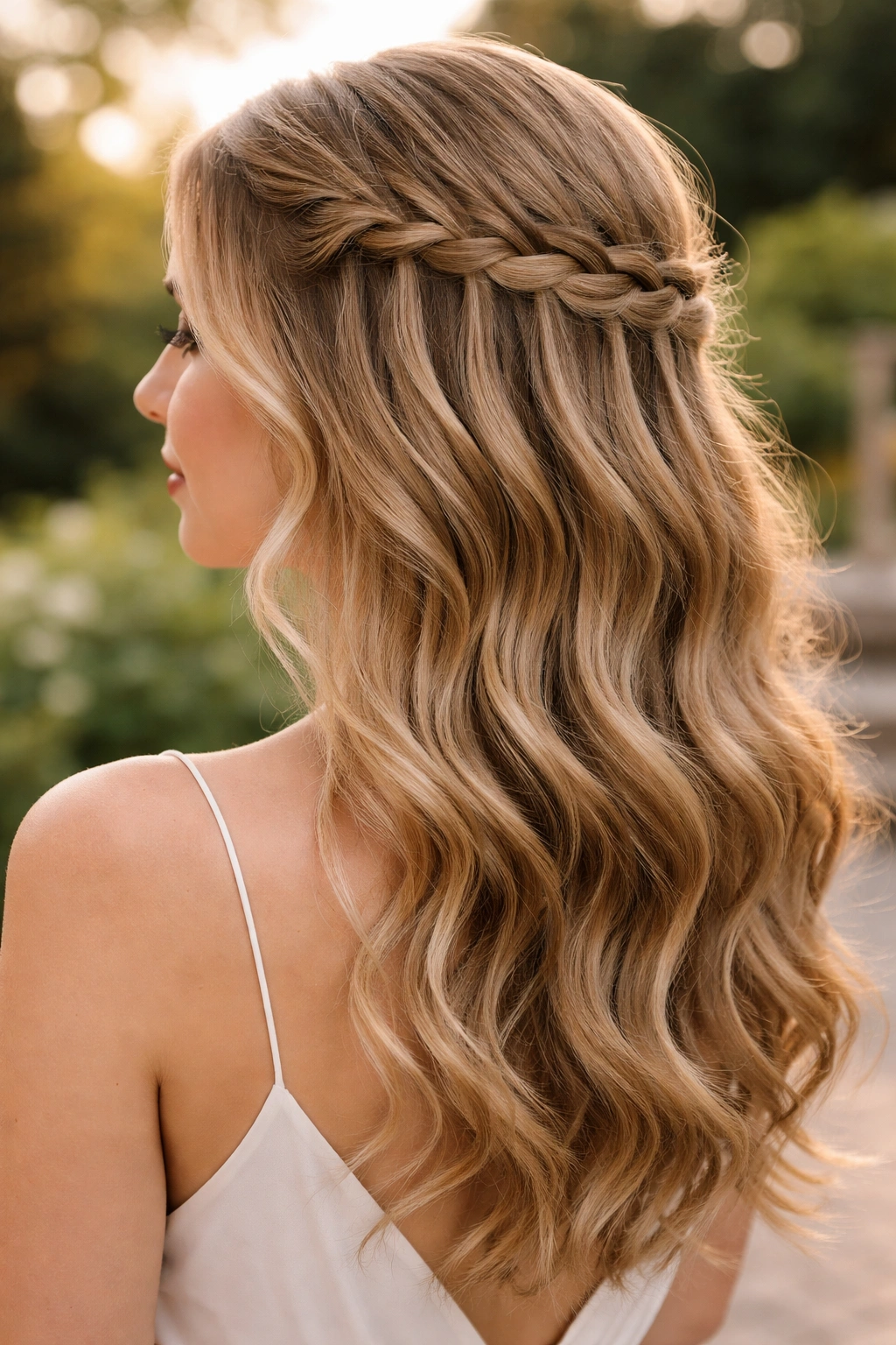 Close-up of a real woman with a waterfall braid half-up and loose waves outdoors