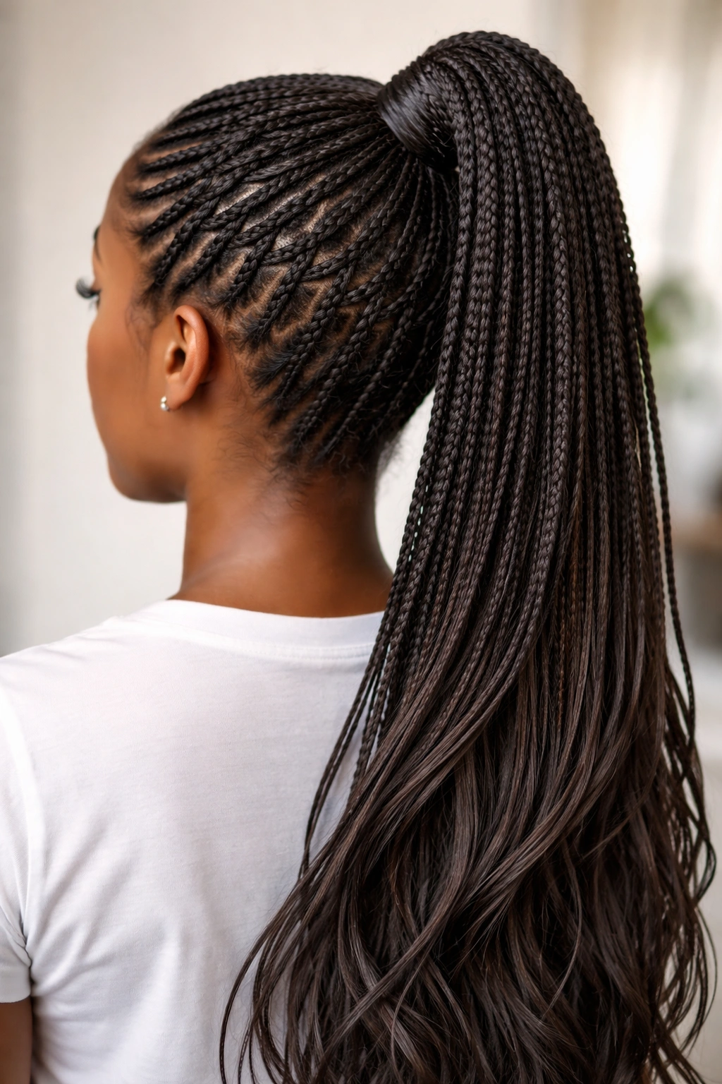 Waterfall braid pattern converging into a high ponytail