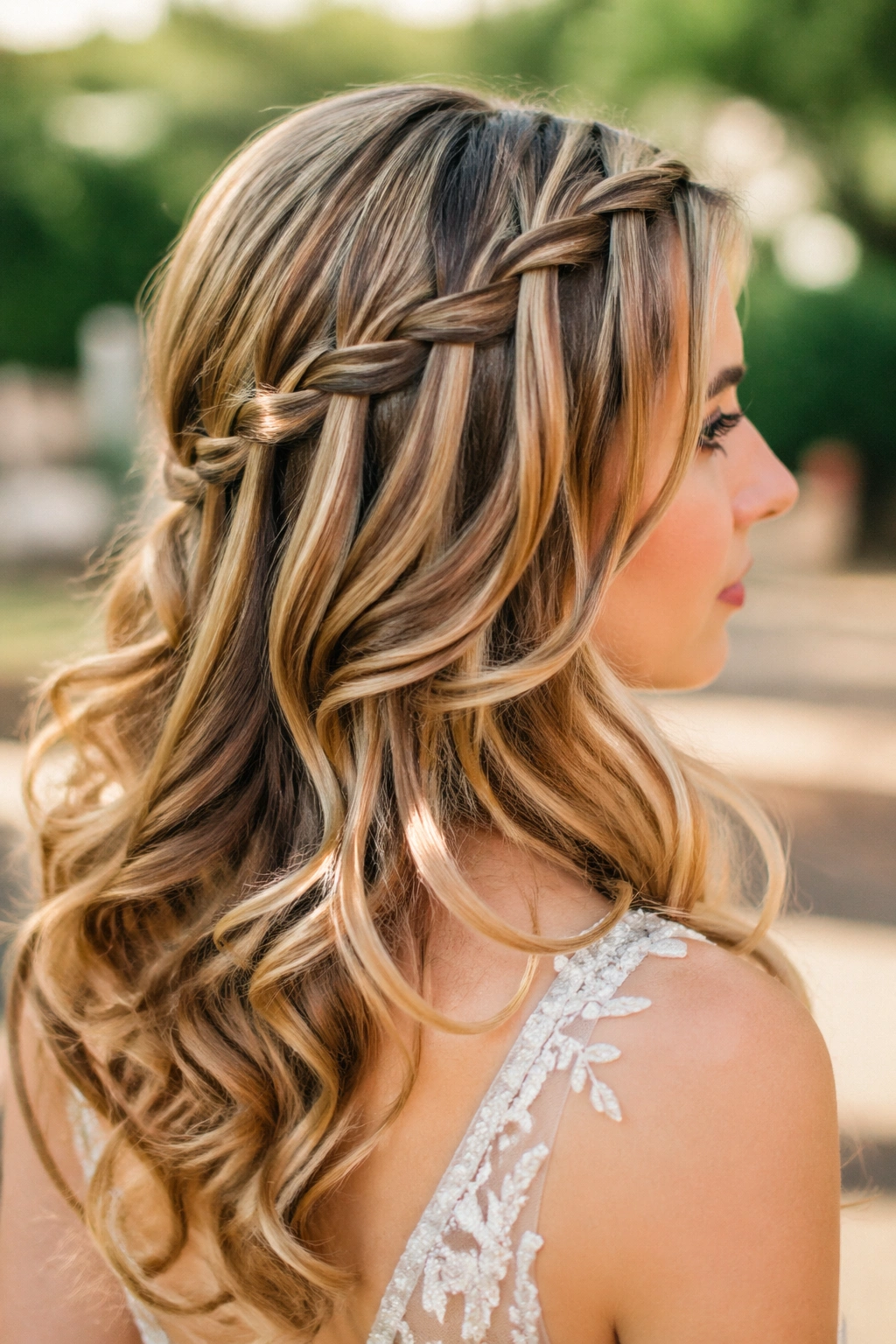 Close-up of a real woman with a waterfall braid over layers