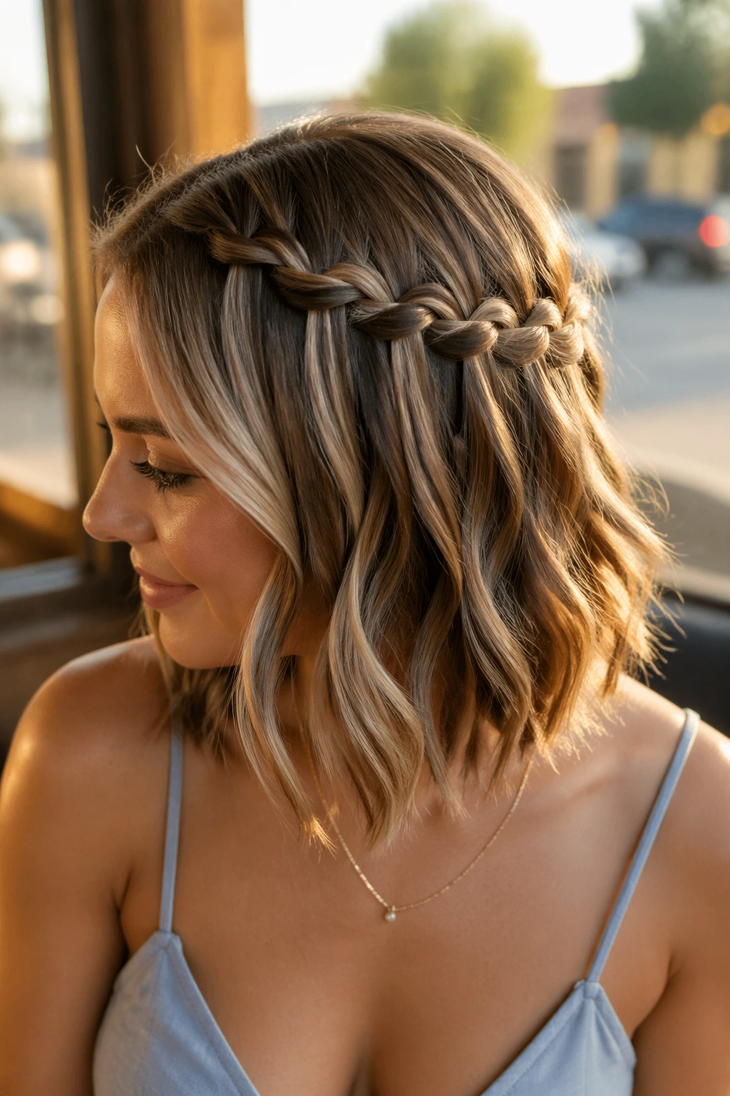 Close-up of a real woman with a waterfall braid on a lob during golden hour