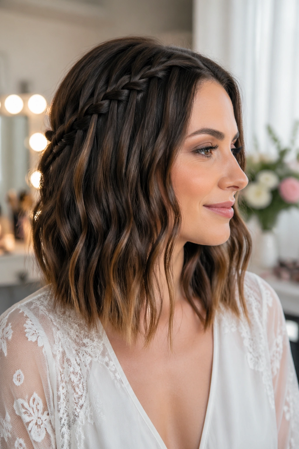 Close-up of a woman with a waterfall braid on a lob in bridal suite lighting