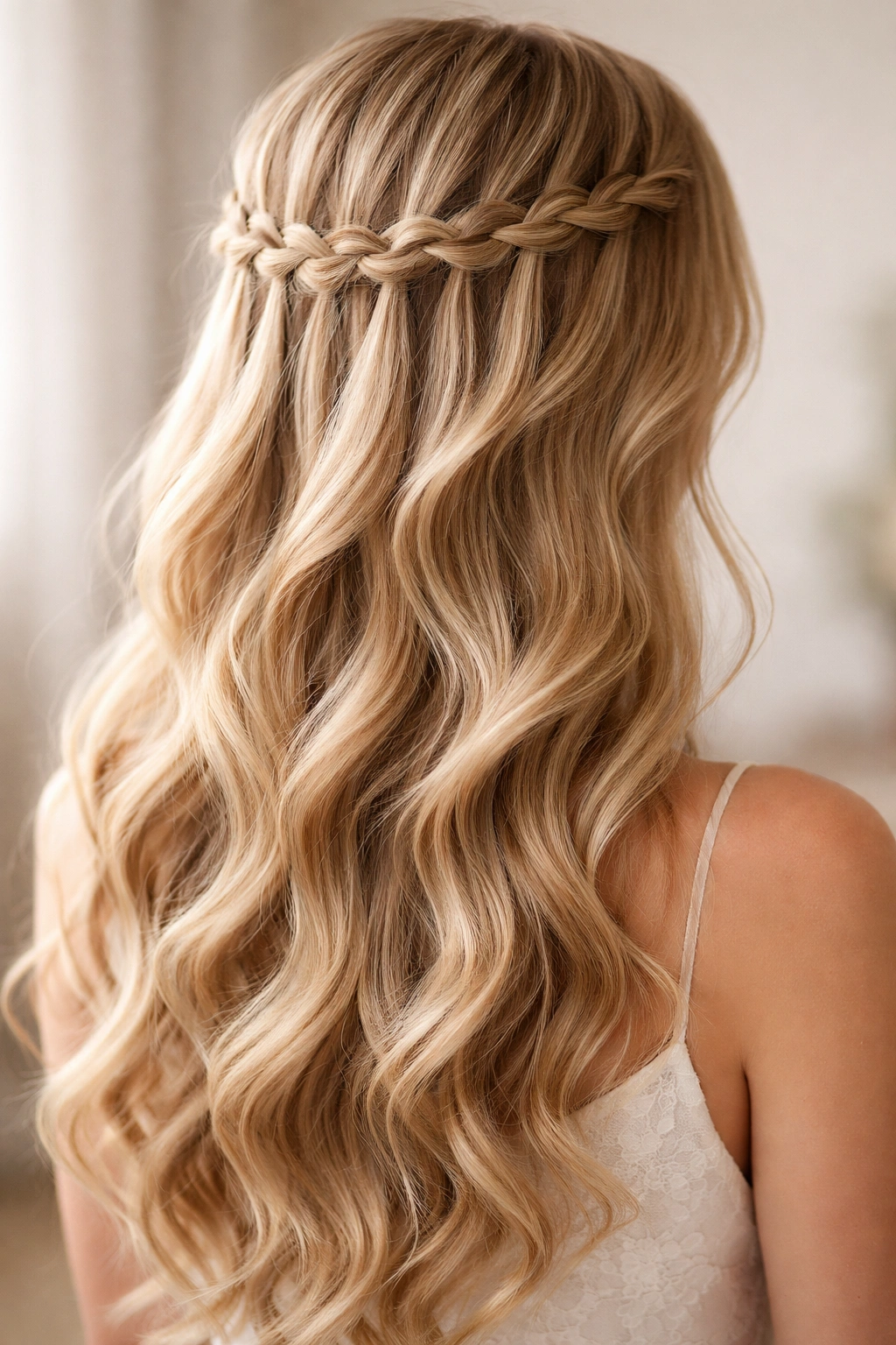 Close-up of waterfall braid half-up on long hair with soft waves