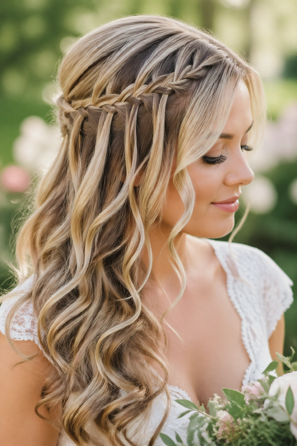 Close-up of a real bride with a Waterfall Braid Over Loose Curls hairstyle