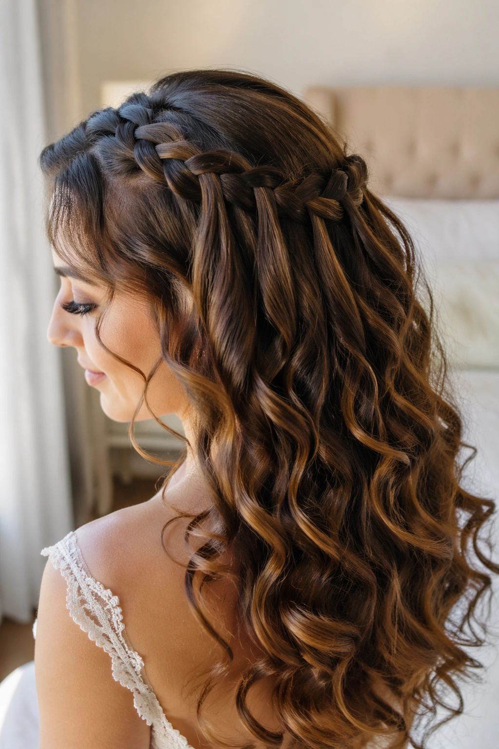 Portrait of a person with a waterfall braid and loose curls