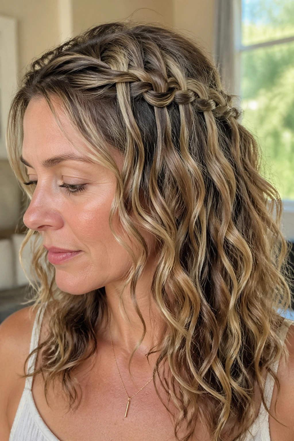 Close-up of a real woman with a waterfall braid cascading into loose curls.