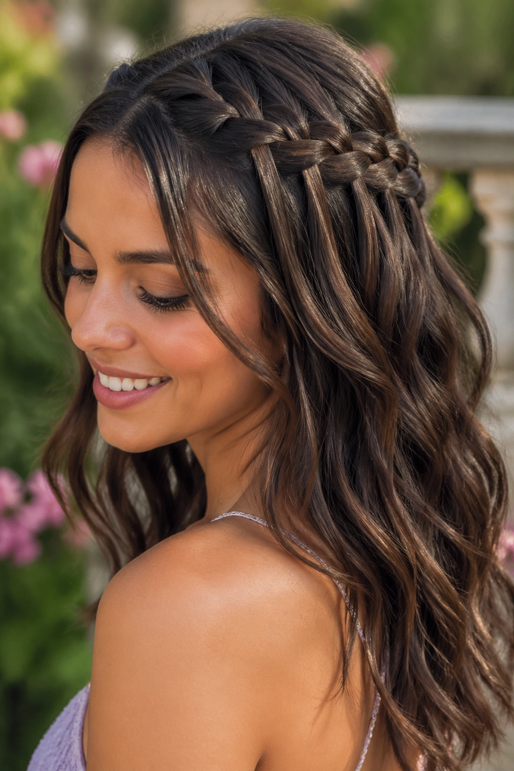 Close-up of waterfall braid flowing into loose waves on real person