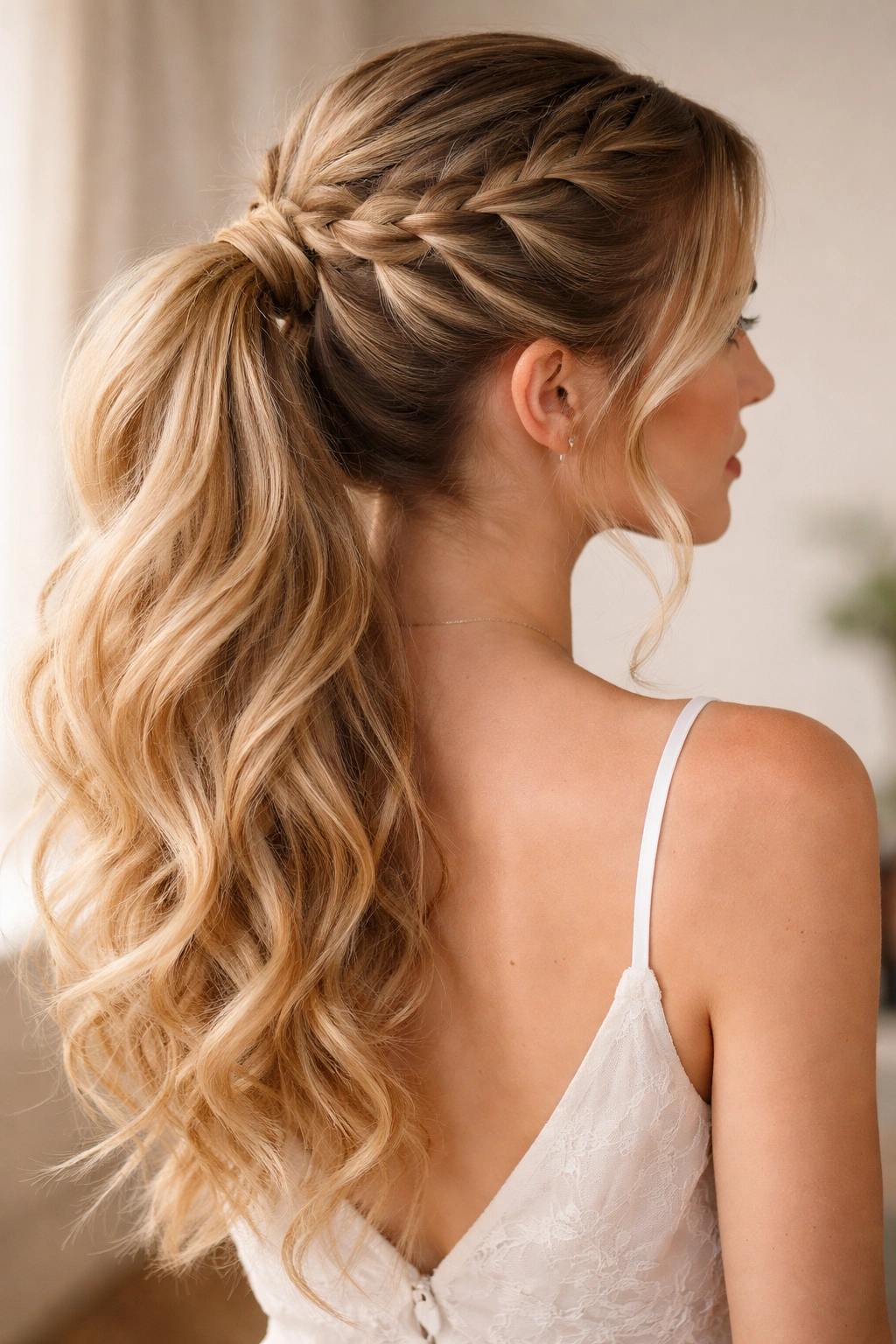 Waterfall braid around crown merging into ponytail