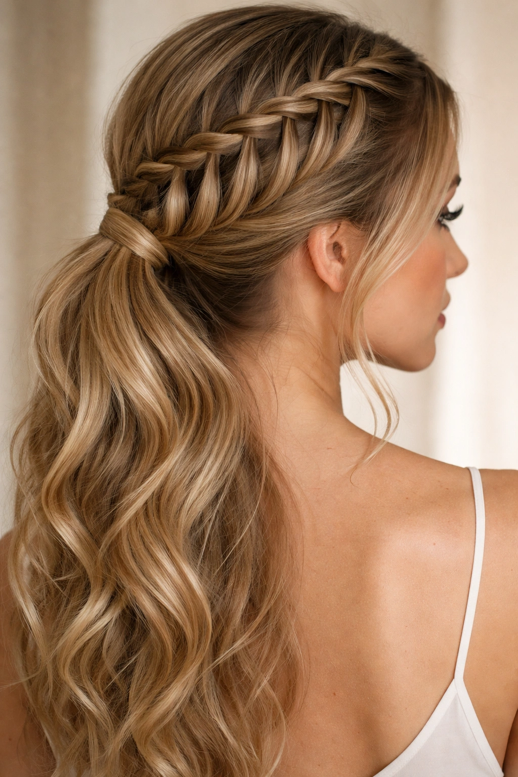 Waterfall braid leading into a side ponytail with airy strands
