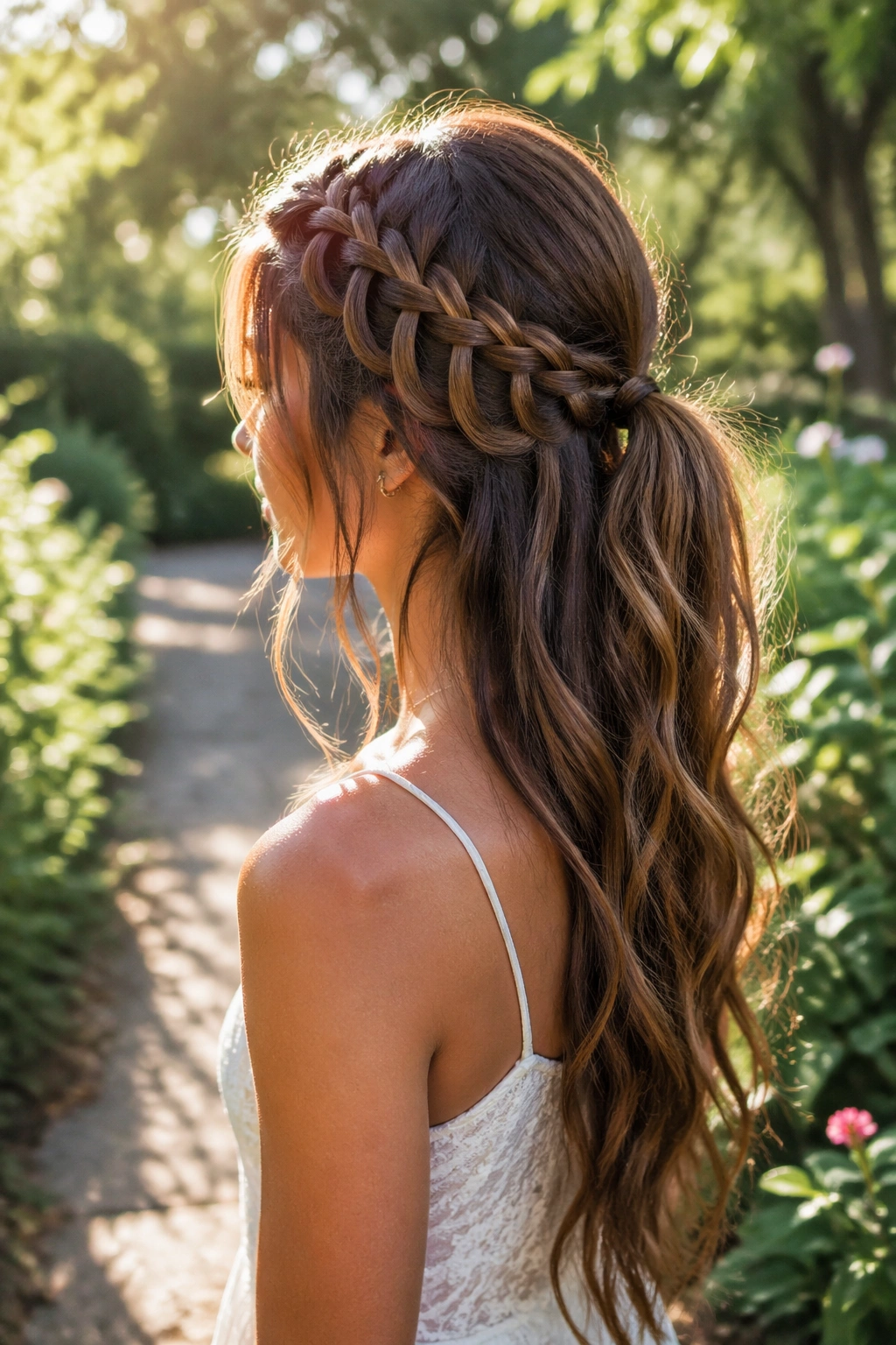 Hero shot of waterfall braid half-up ponytail in garden