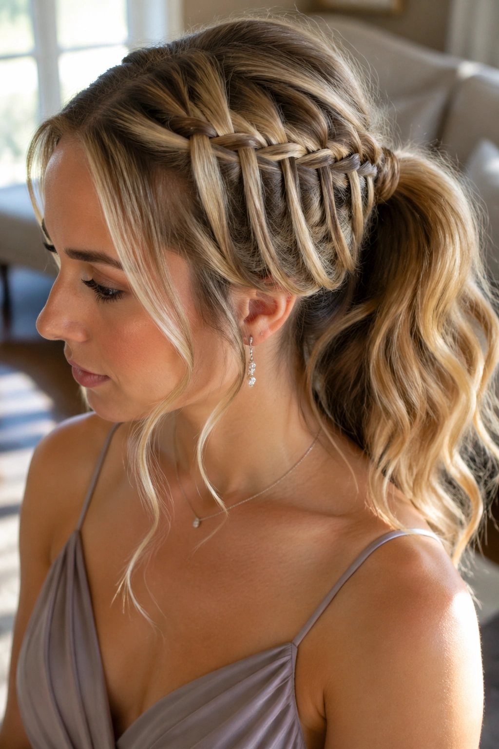 Close-up of a real woman with a waterfall braid flowing into a ponytail in warm daylight