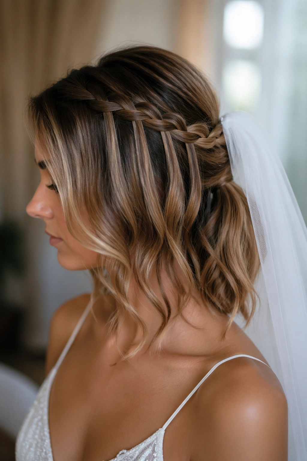Close-up of a real bride with a waterfall braid feeding into a low ponytail in soft bridal lighting