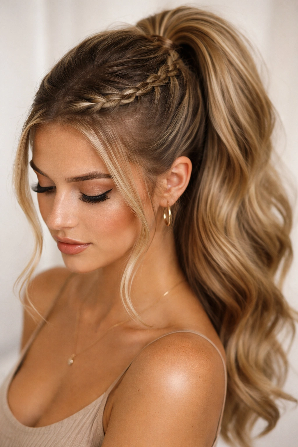 Waterfall braided-crown ponytail with braid spilling into ponytail