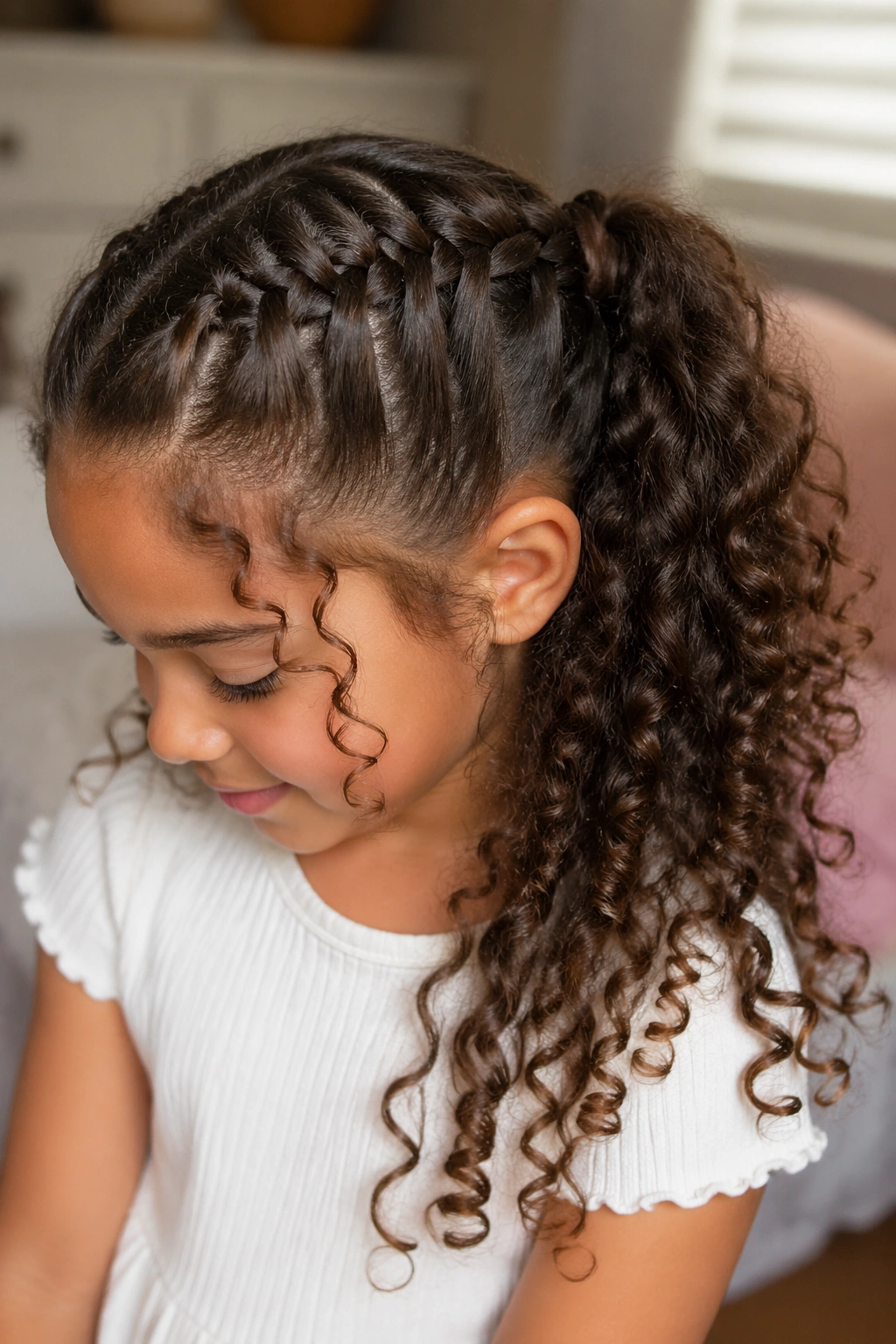 Close-up of a real child with a waterfall braid flowing into a ponytail on curly hair, soft window light