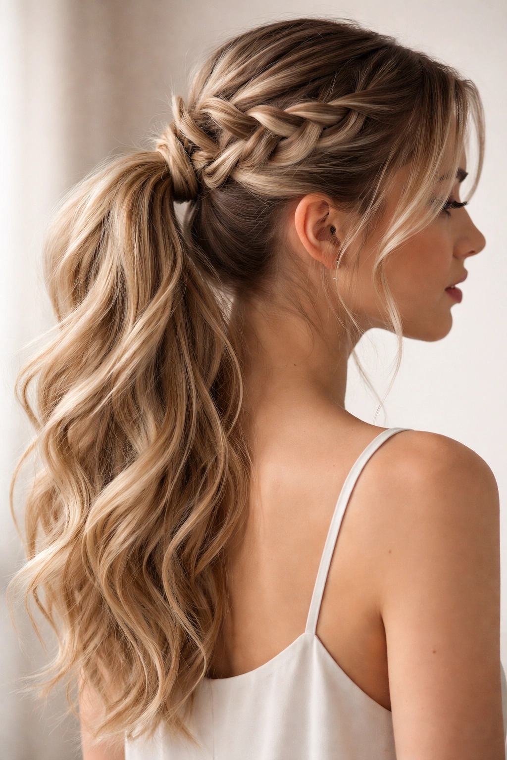 Airy waterfall braid with open sections leading into a ponytail, creating dimension and fullness