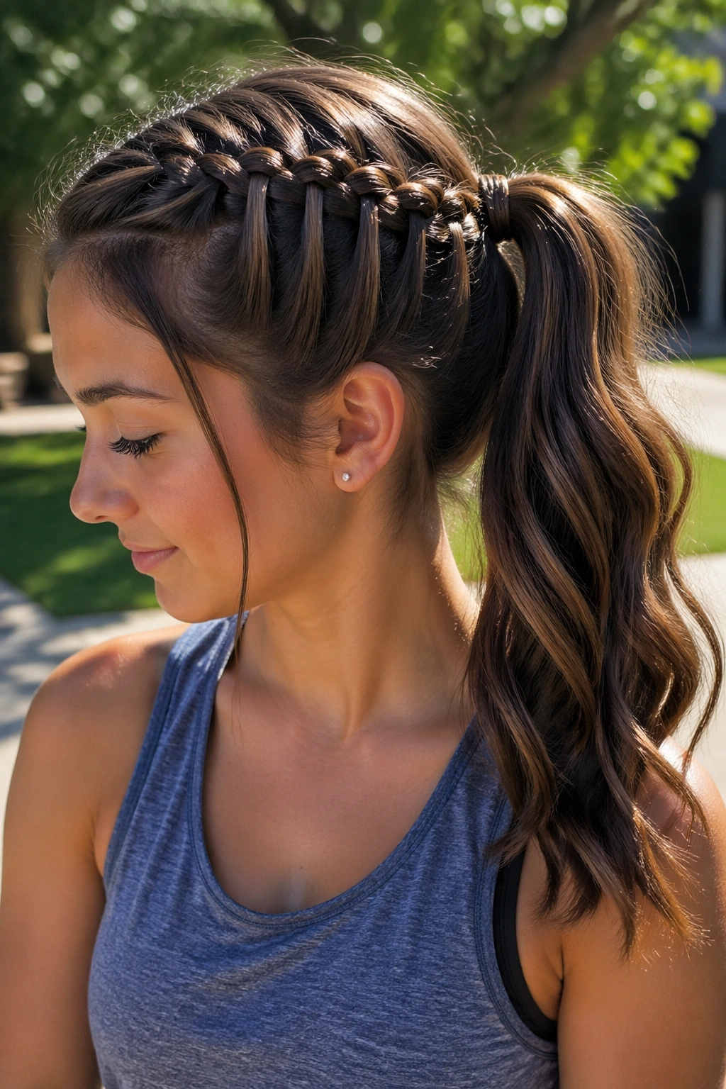 Teen with waterfall-braid ponytail close-up portrait
