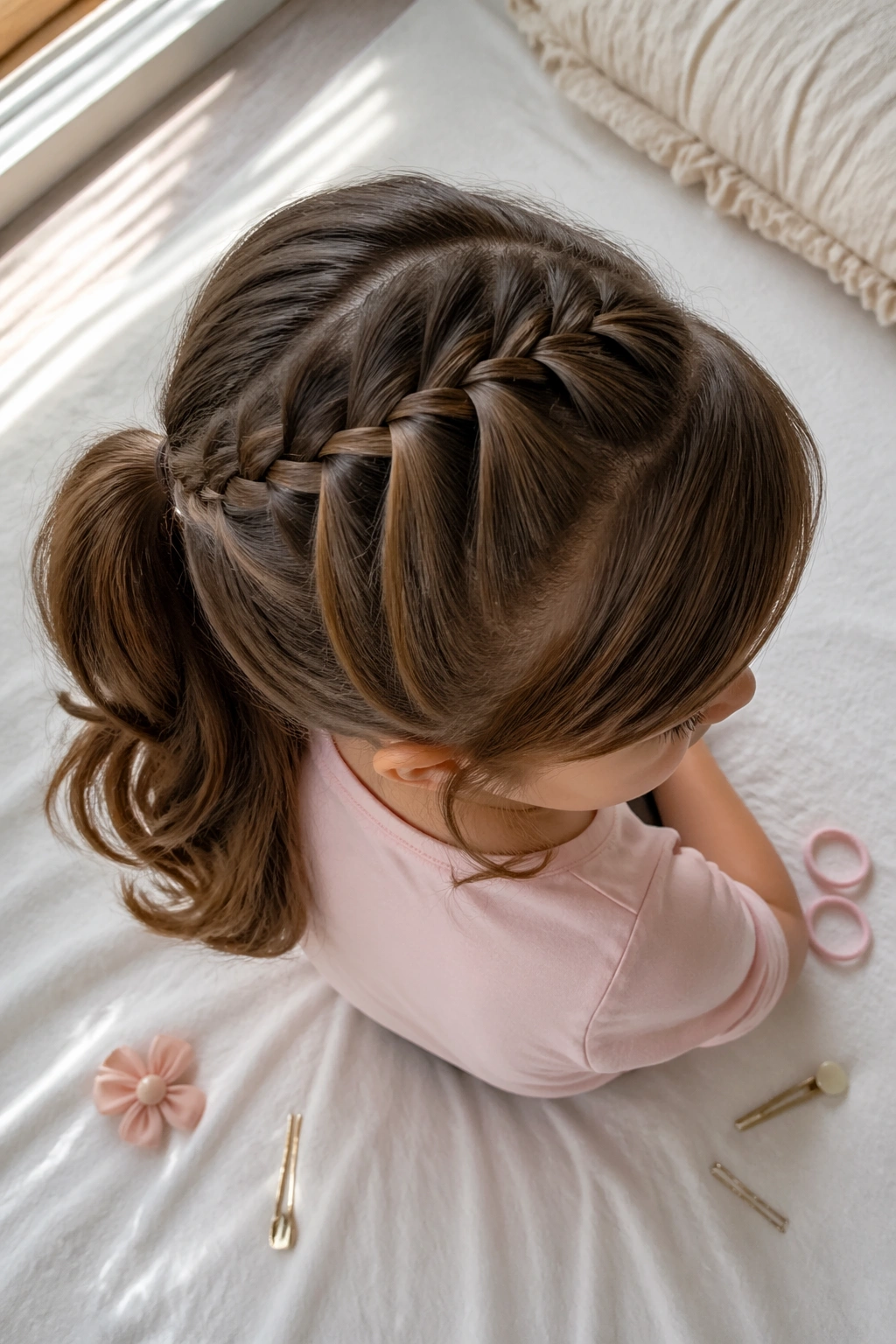 Waterfall braid ponytail with side bangs, overhead view.