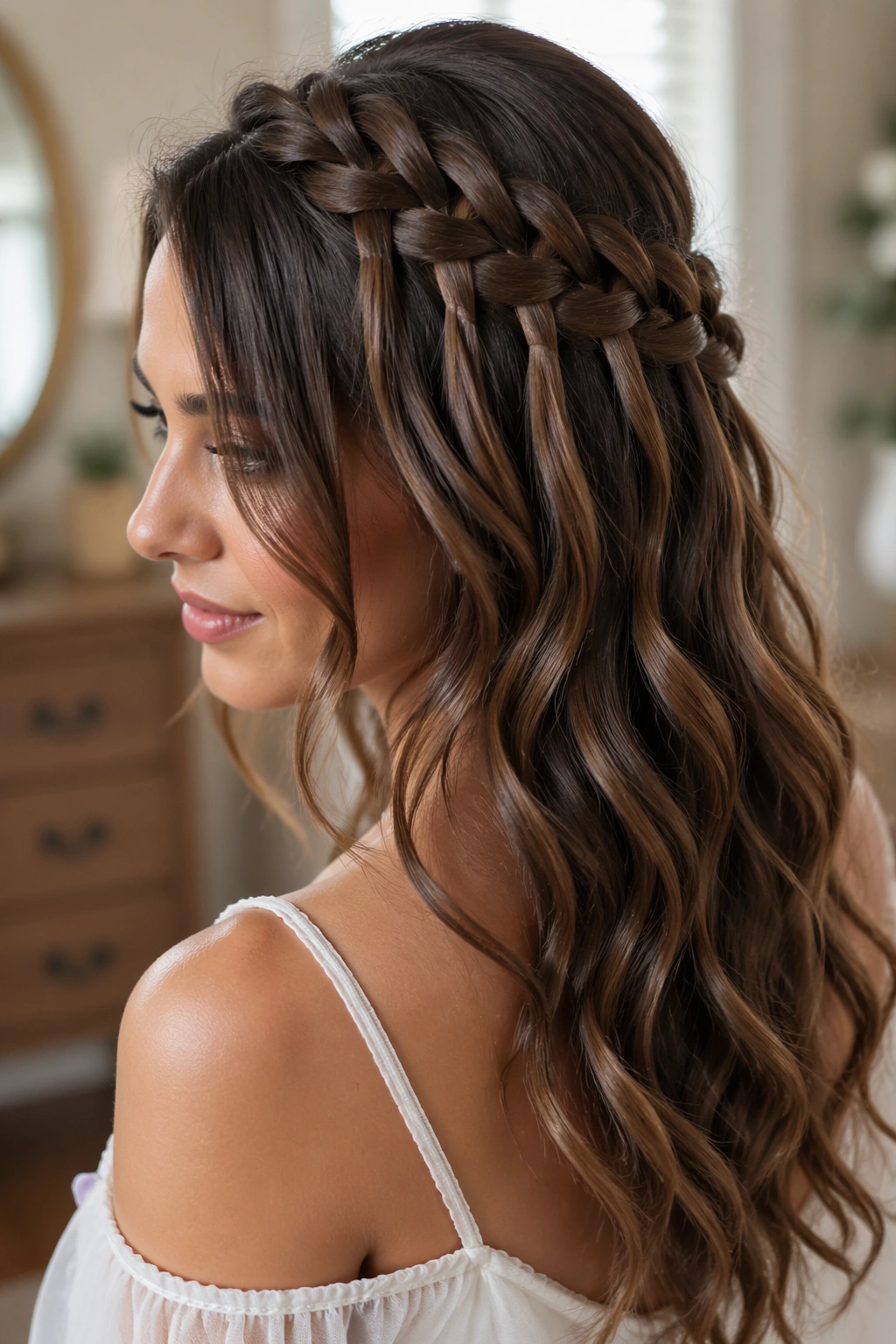Close-up portrait of a real woman with a waterfall braid across the crown and loose waves
