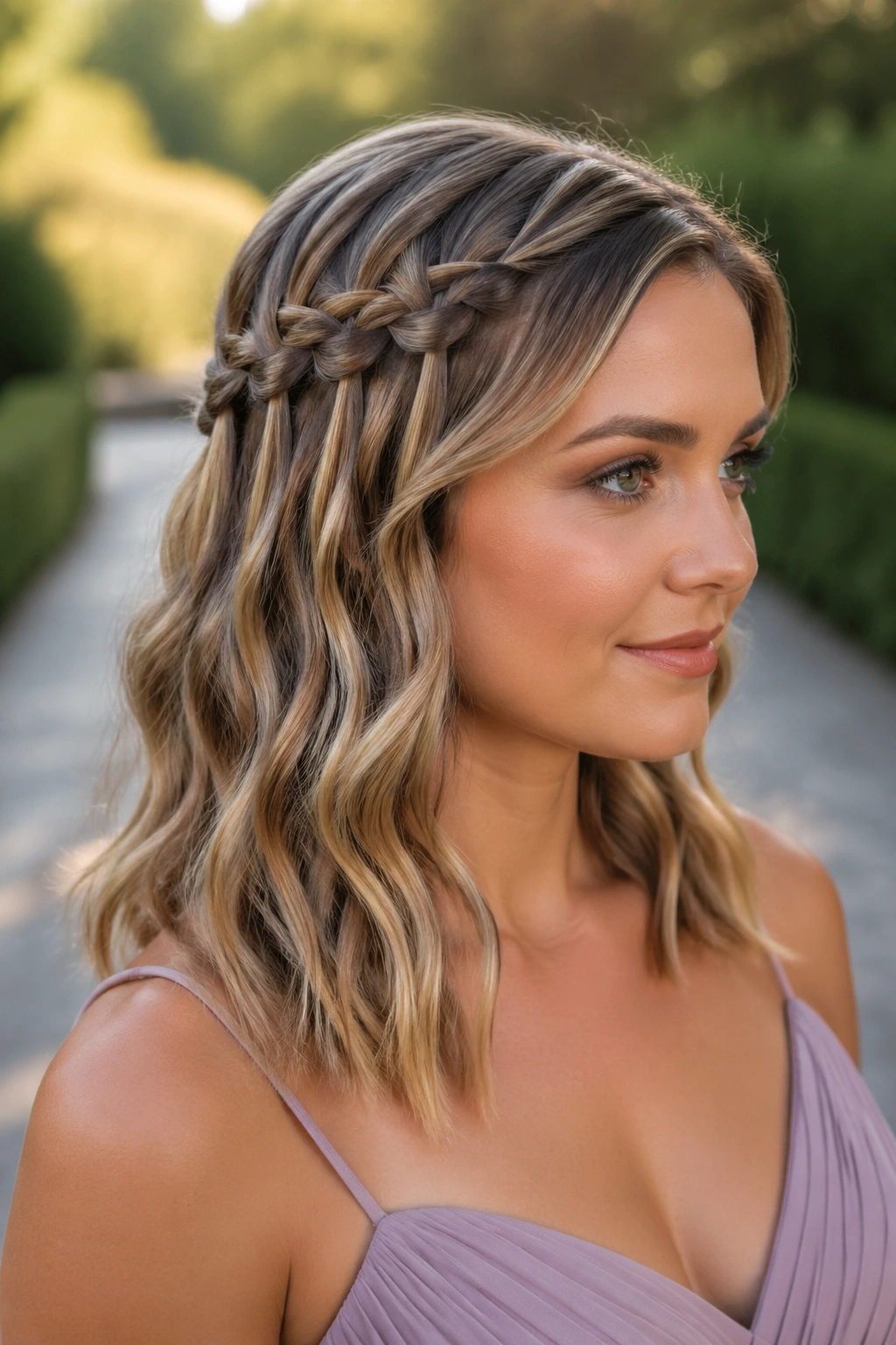 Close-up of Waterfall Braid over Medium Waves on a real woman outdoors