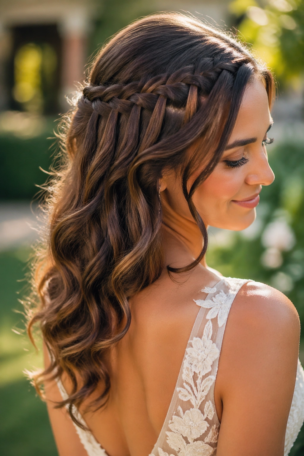 Close-up of a real bride wearing a waterfall braid with loose curls in a garden setting