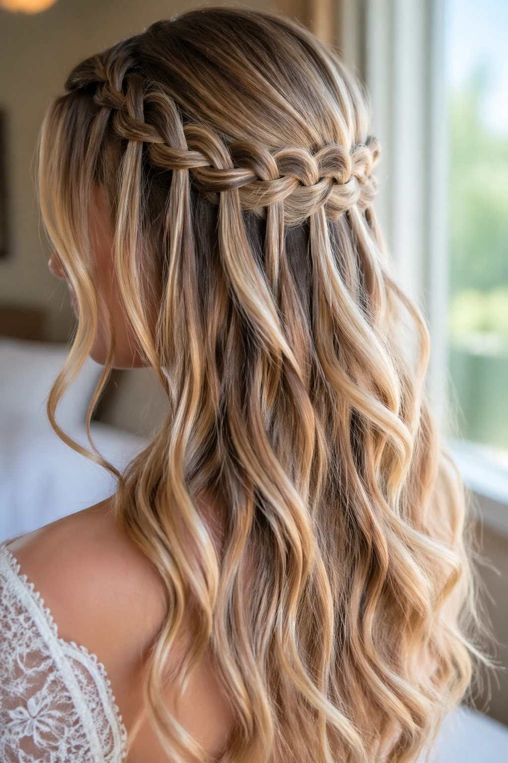 Bride with waterfall braid featuring airy openings and curled ends
