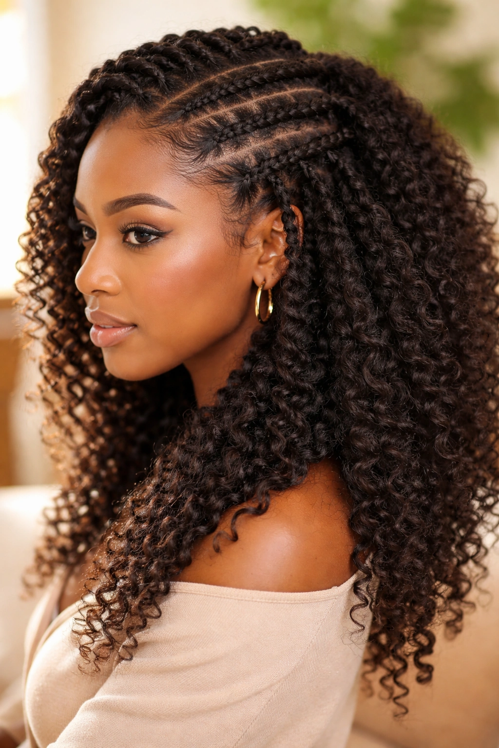 Close-up of waterfall braids with loose cascading hair on thick Afro hair