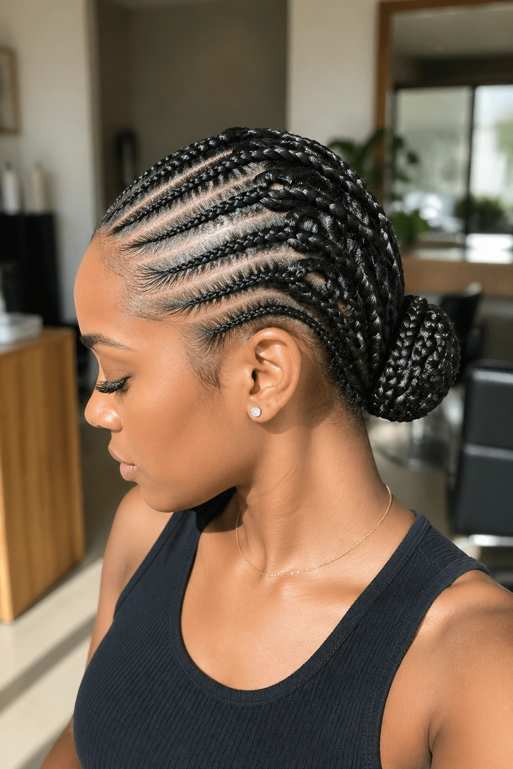 Three-quarter portrait of a real woman showcasing front-to-back waterfall cornrows with ripple loops