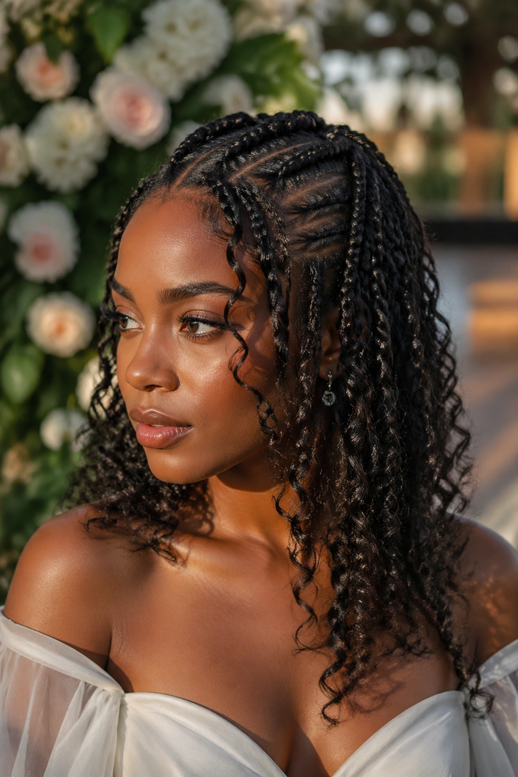 Real woman with waterfall-style goddess braids and curly ends