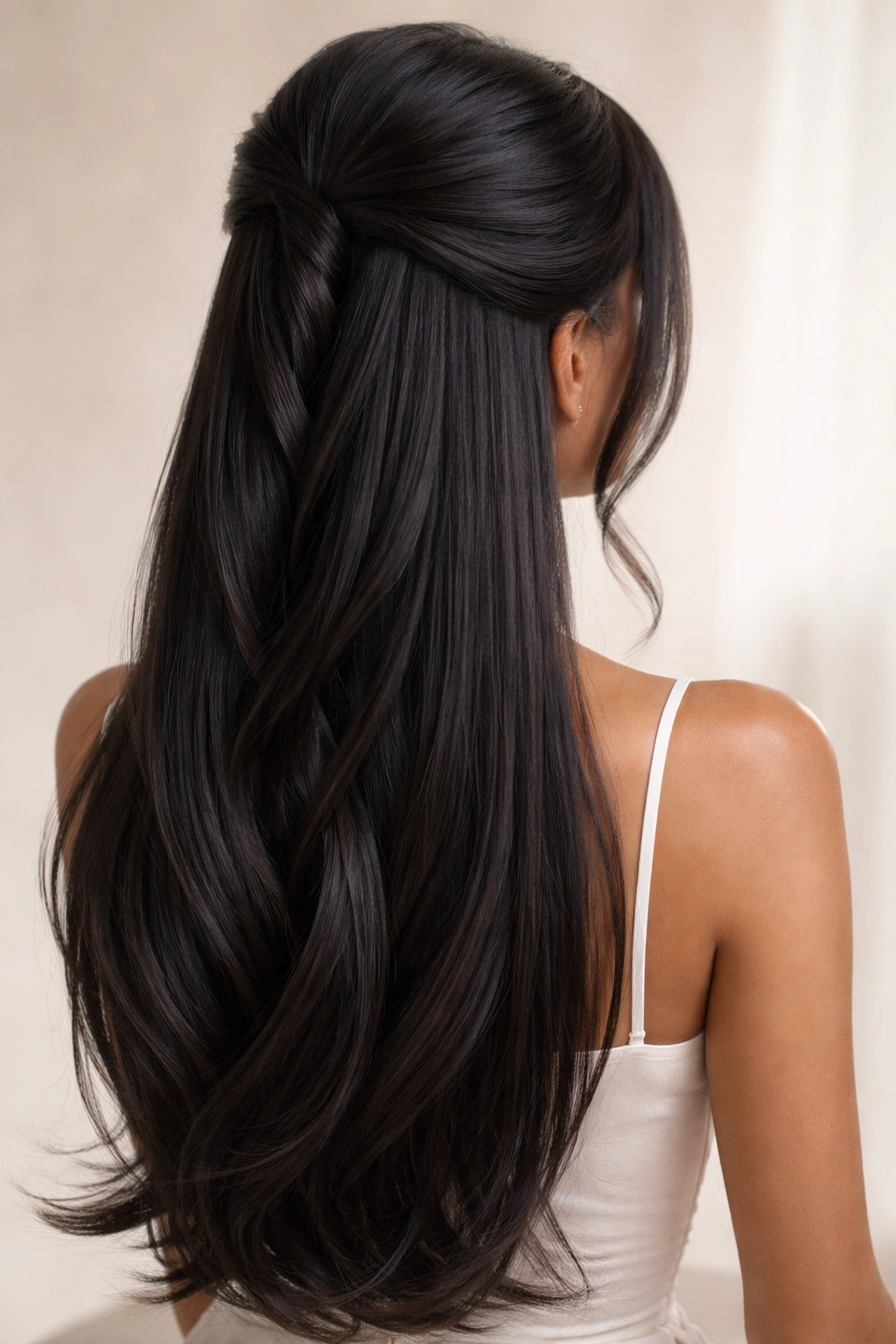 Back-left view of waterfall half-up hairstyle with cascading sections