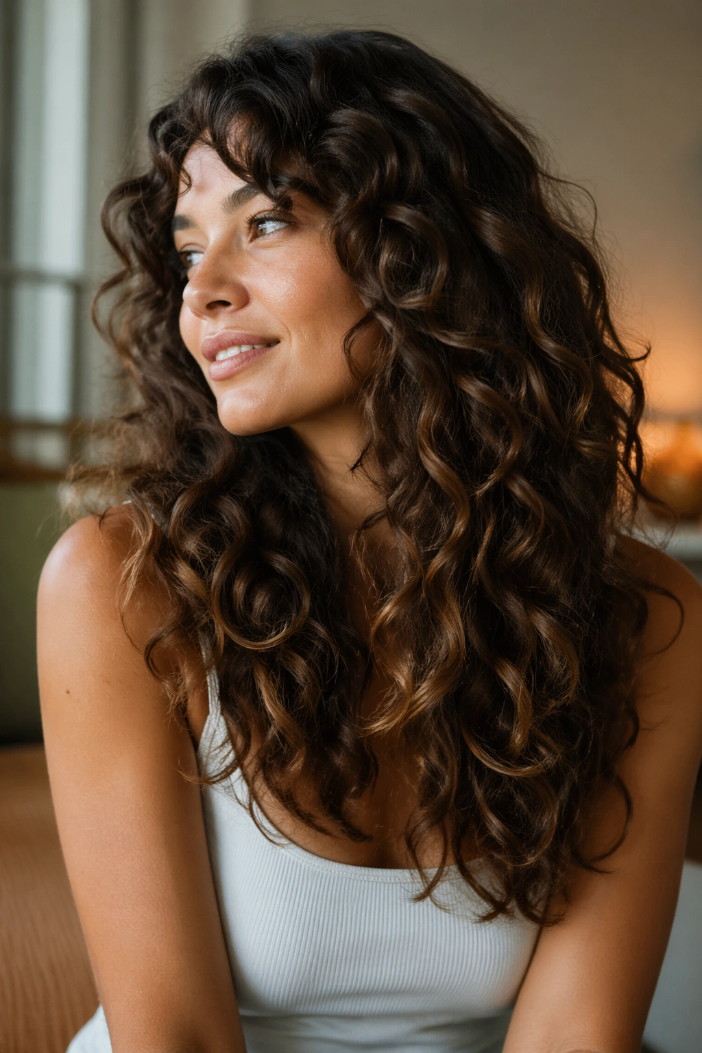 Close-up of a woman with waterfall layered curls.