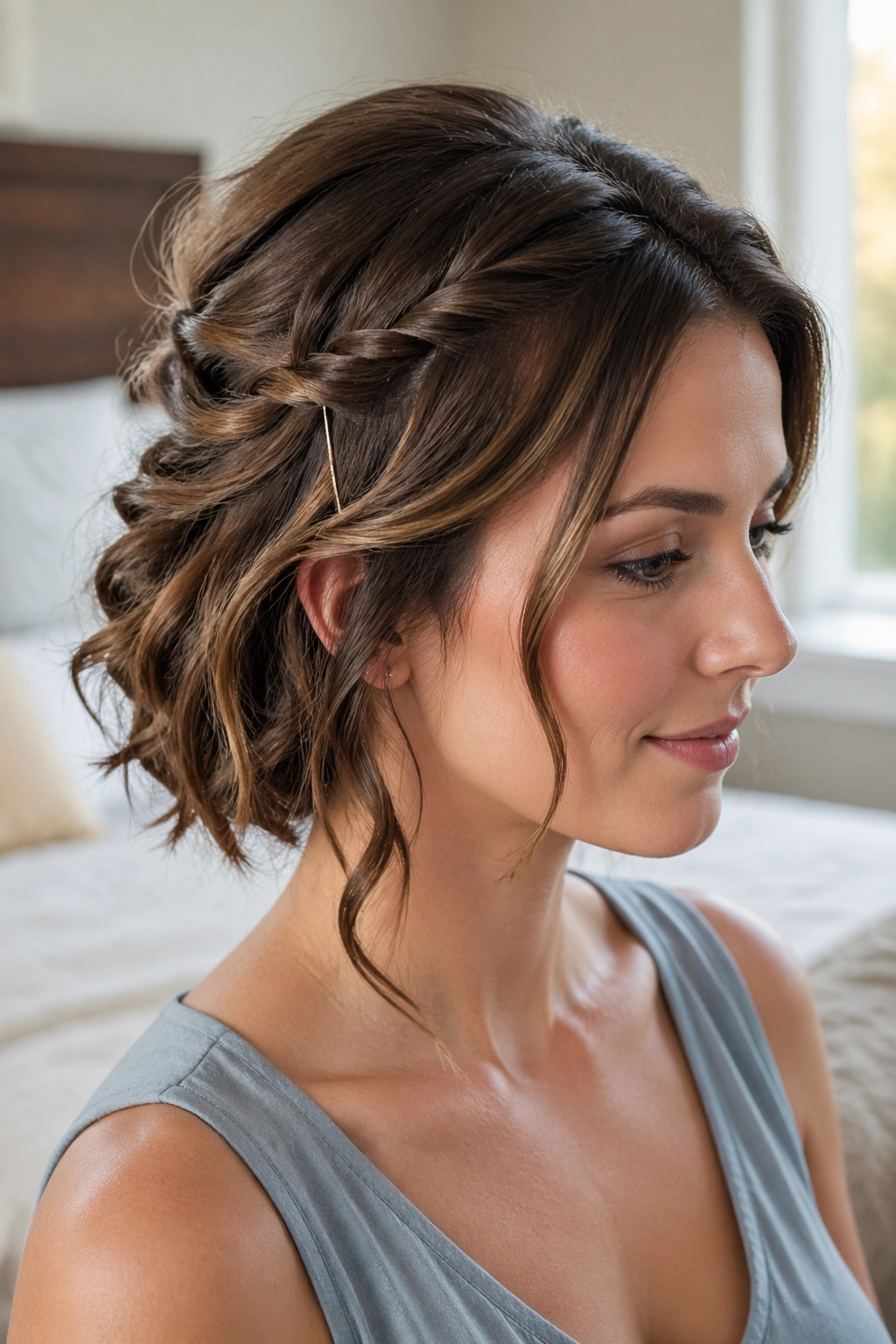 Close-up of a real woman with a waterfall pin-back updo