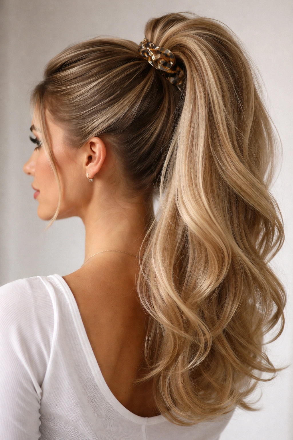 Waterfall high pony with three sections fanned over the clip