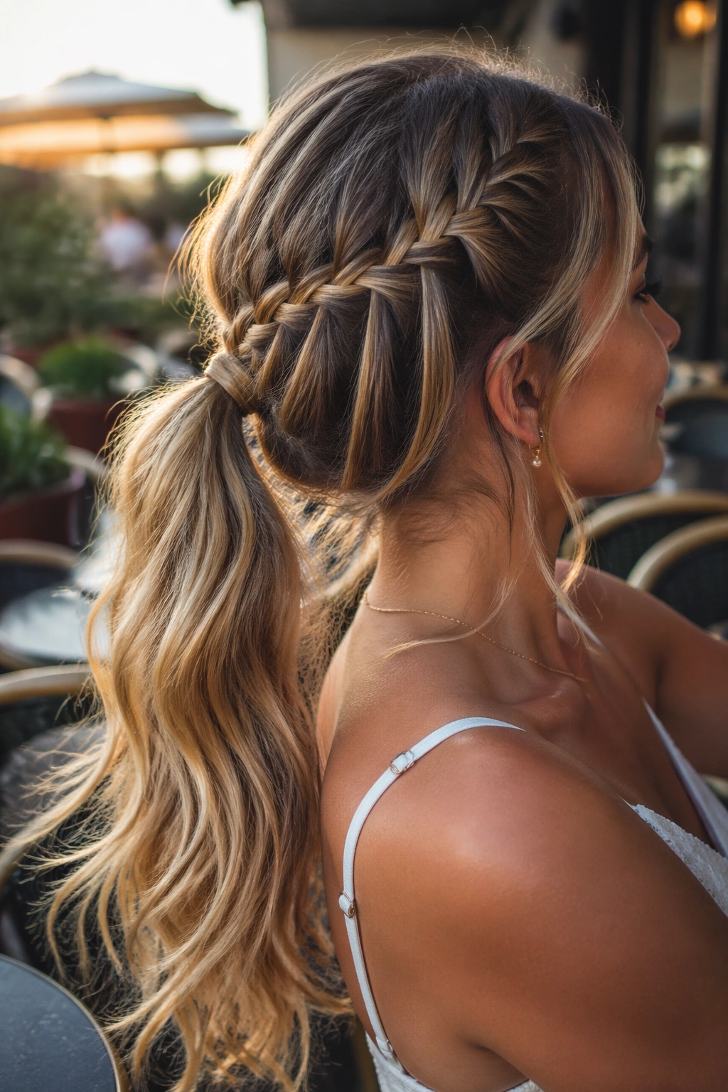 Close-up of a real woman with waterfall-strand ponytail cascading strands