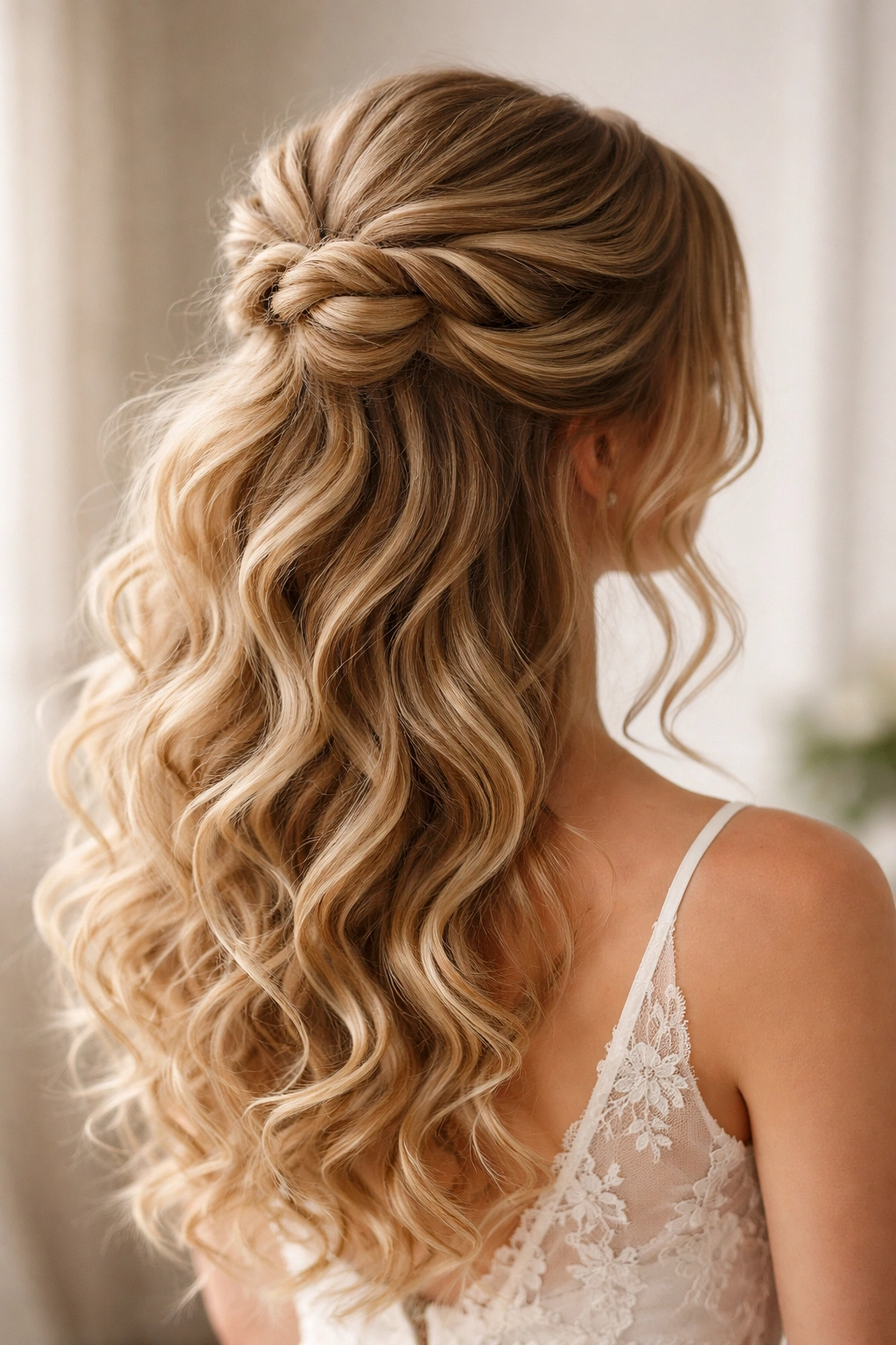 Waterfall twist half-up bun with flowing twists into a back bun
