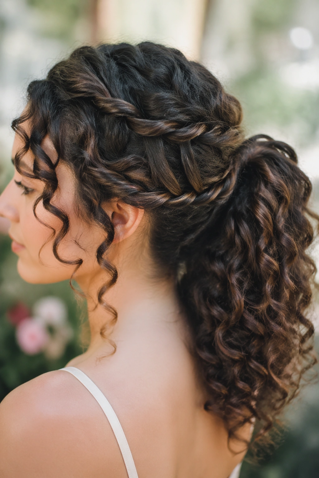 Close-up real bride with waterfall twist ponytail in garden light.