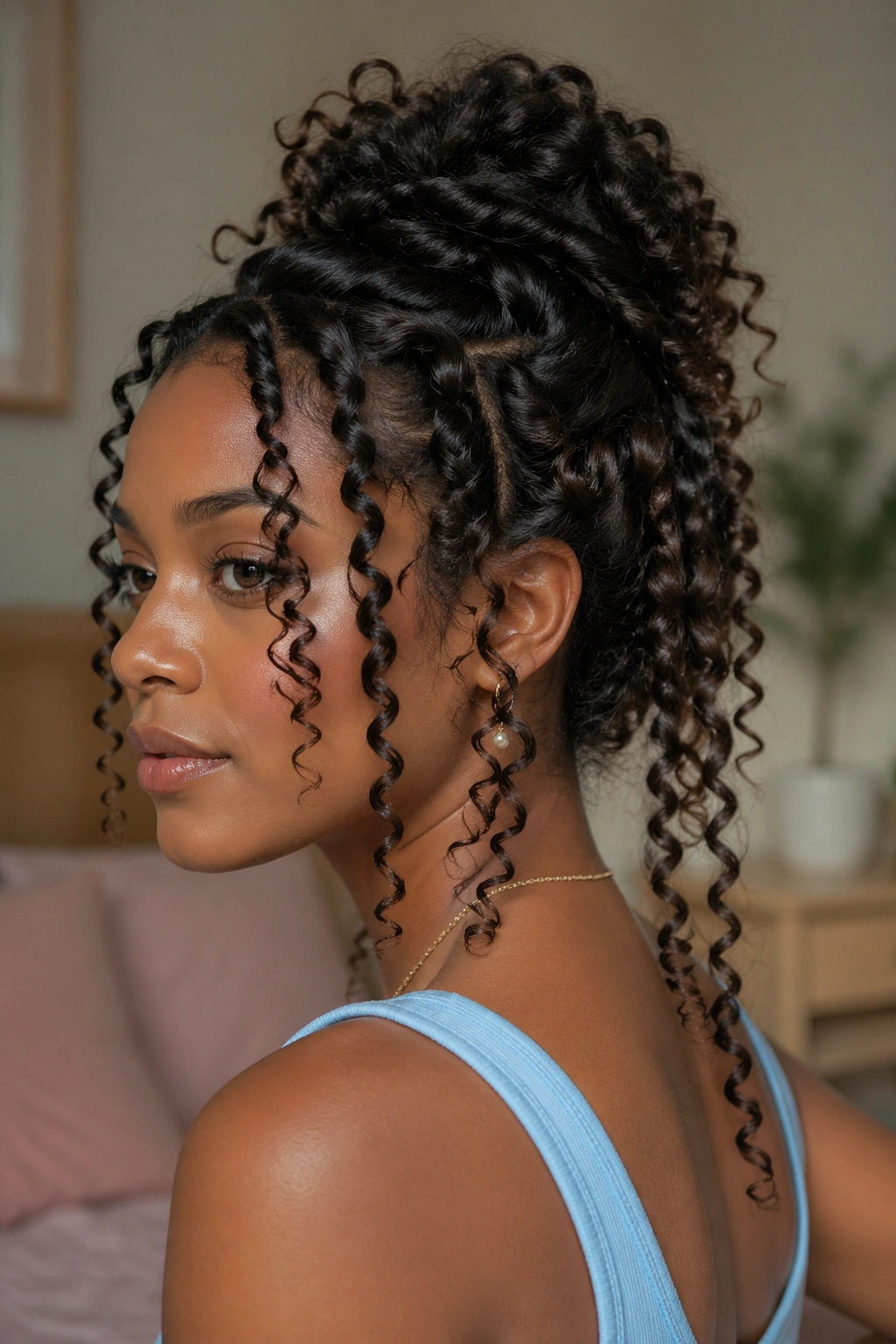 Close-up of a real woman with a waterfall updo and cascading curls